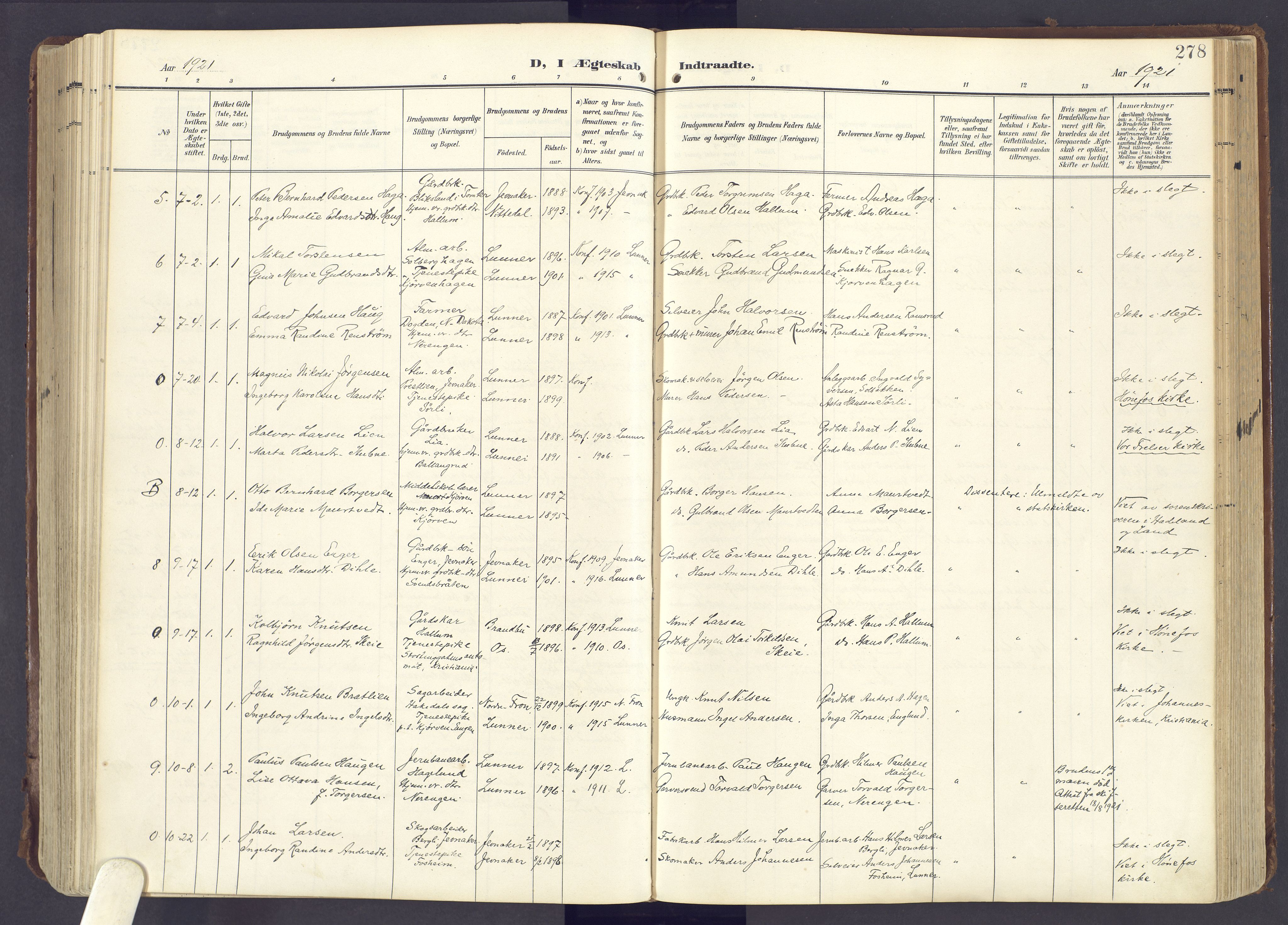 Lunner prestekontor, AV/SAH-PREST-118/H/Ha/Haa/L0001: Parish register (official) no. 1, 1907-1922, p. 278