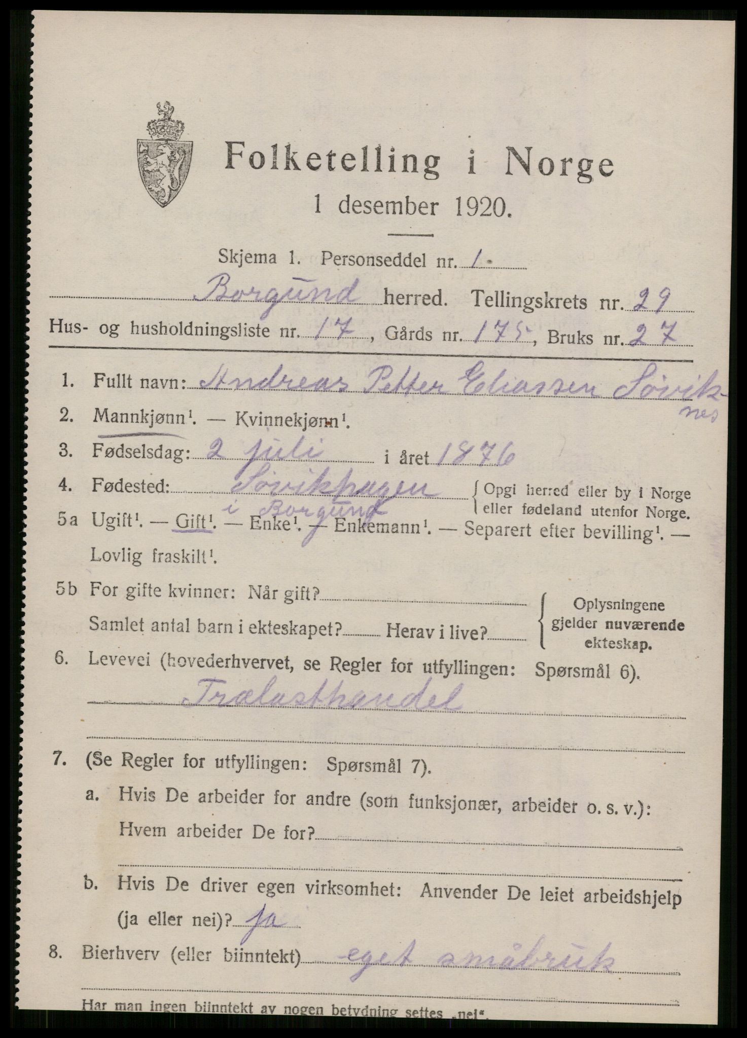 SAT, 1920 census for Borgund, 1920, p. 18848