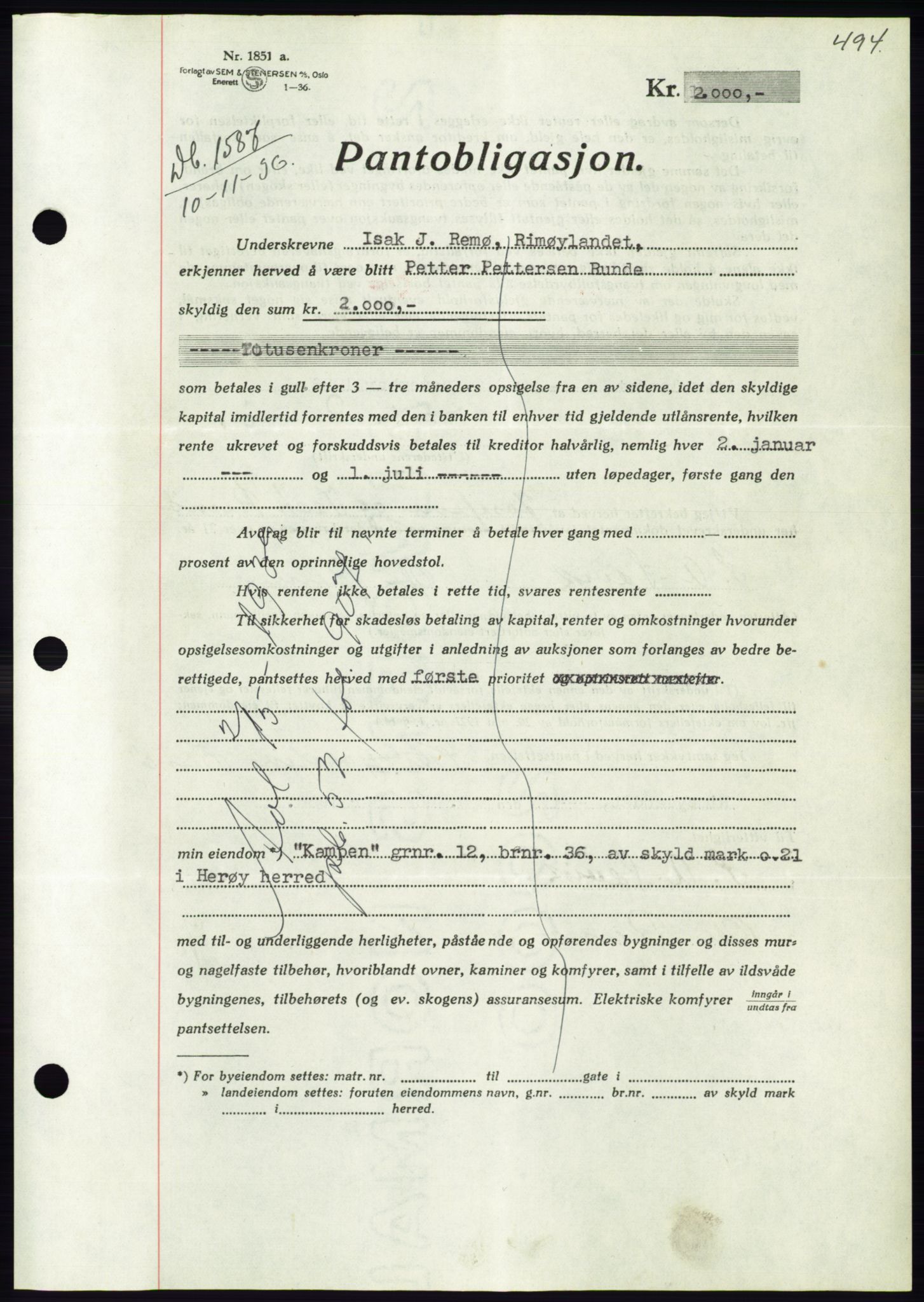 Søre Sunnmøre sorenskriveri, AV/SAT-A-4122/1/2/2C/L0061: Mortgage book no. 55, 1936-1936, Diary no: : 1587/1936