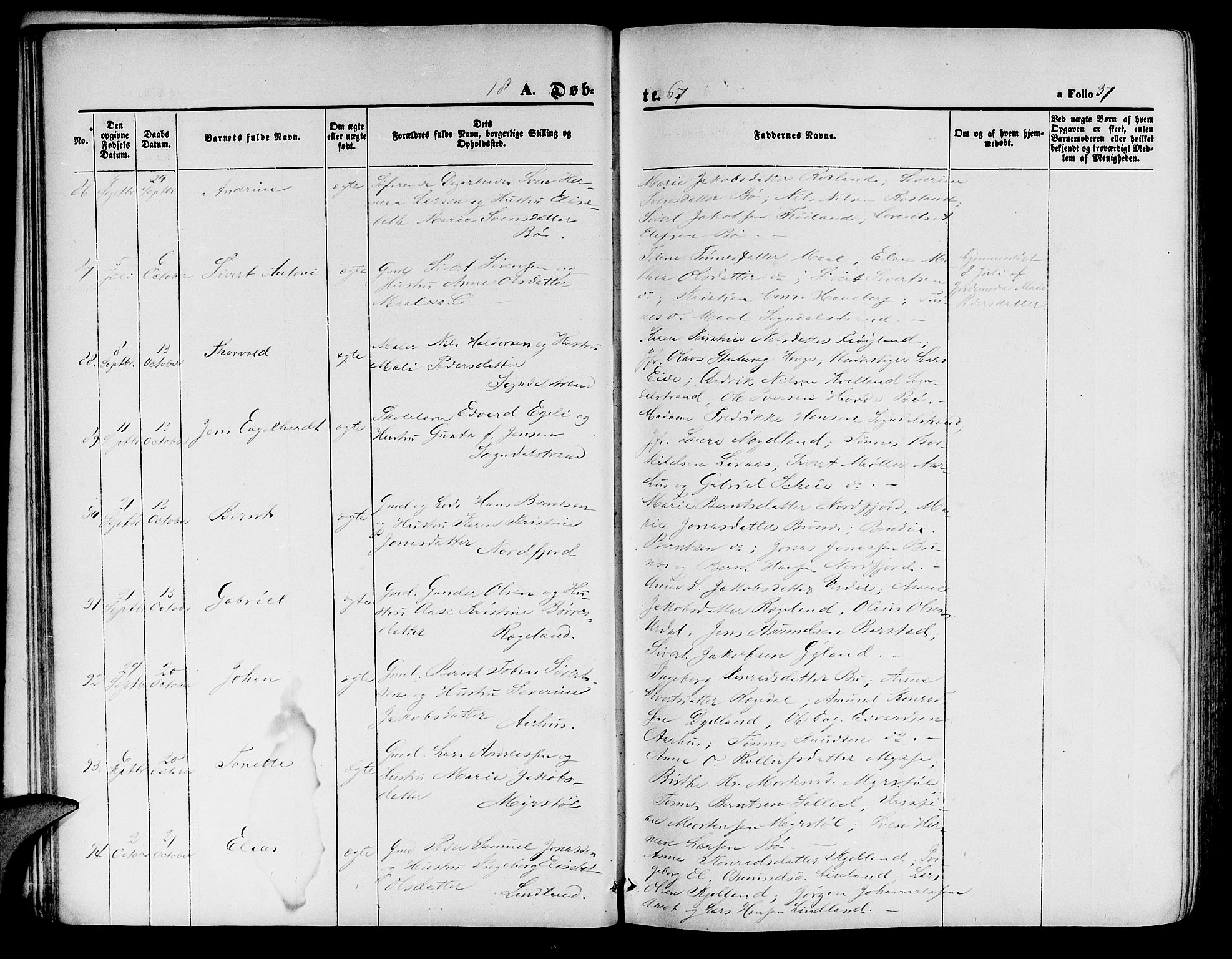 Sokndal sokneprestkontor, AV/SAST-A-101808: Parish register (copy) no. B 3, 1865-1879, p. 37