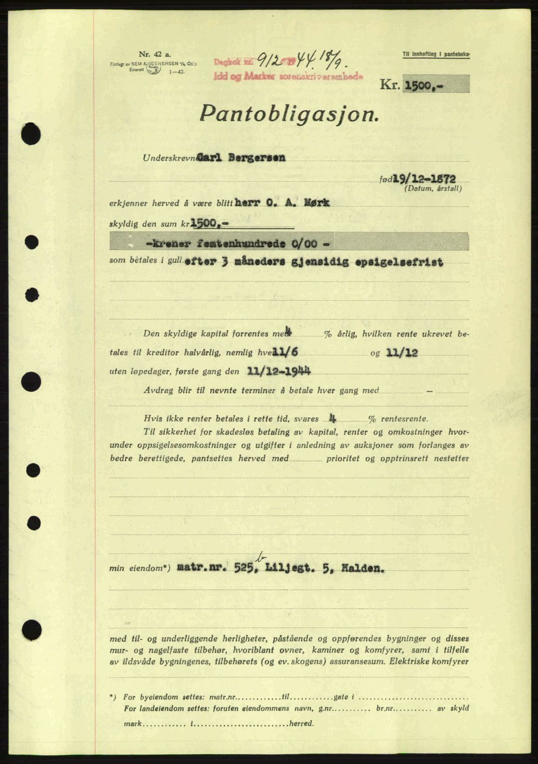 Idd og Marker sorenskriveri, AV/SAO-A-10283/G/Gb/Gbc/L0002: Mortgage book no. B4-9a, 1939-1945, Diary no: : 912/1944