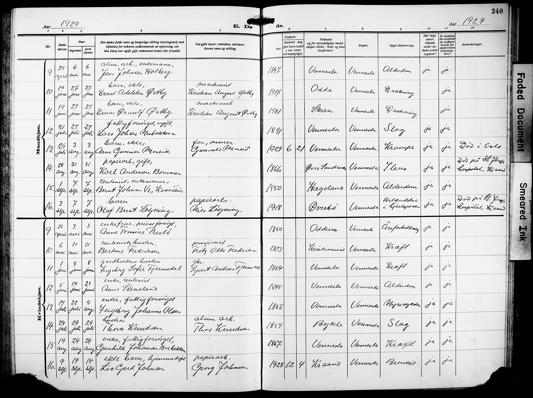 Vennesla sokneprestkontor, AV/SAK-1111-0045/Fb/Fbb/L0007: Parish register (copy) no. B 7, 1922-1933, p. 240