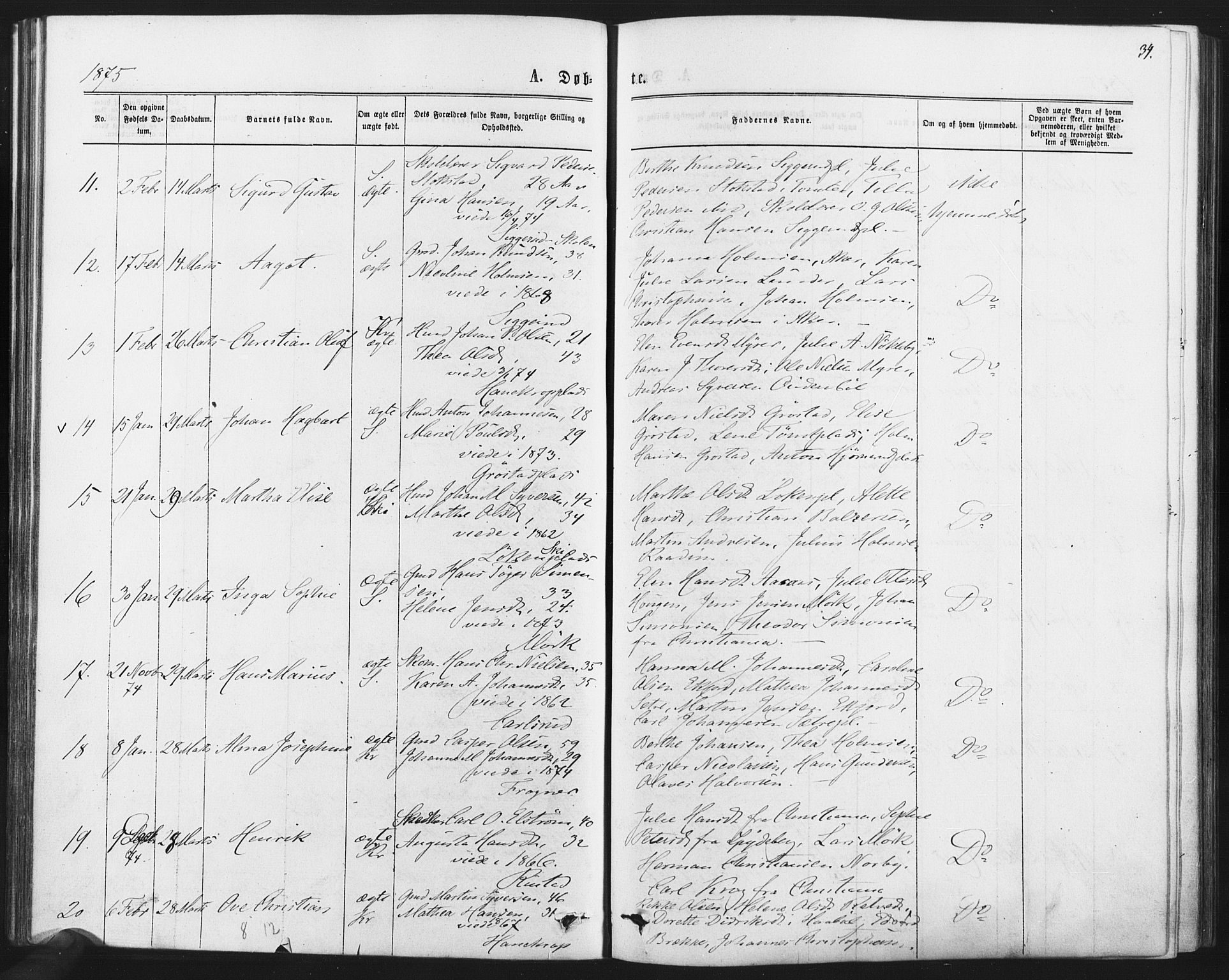 Kråkstad prestekontor Kirkebøker, SAO/A-10125a/F/Fa/L0008: Parish register (official) no. I 8, 1870-1879, p. 34
