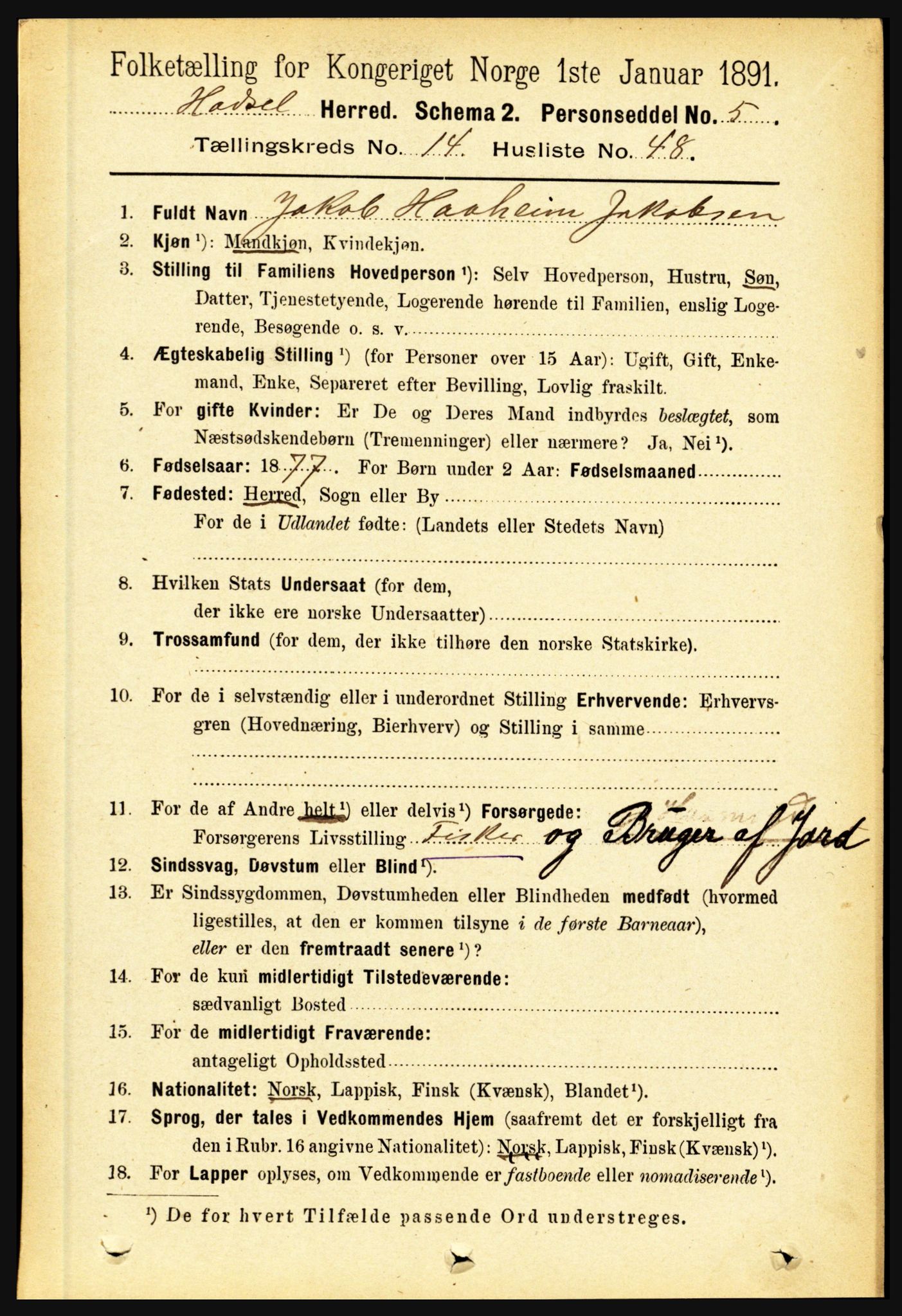 RA, 1891 census for 1866 Hadsel, 1891, p. 6639