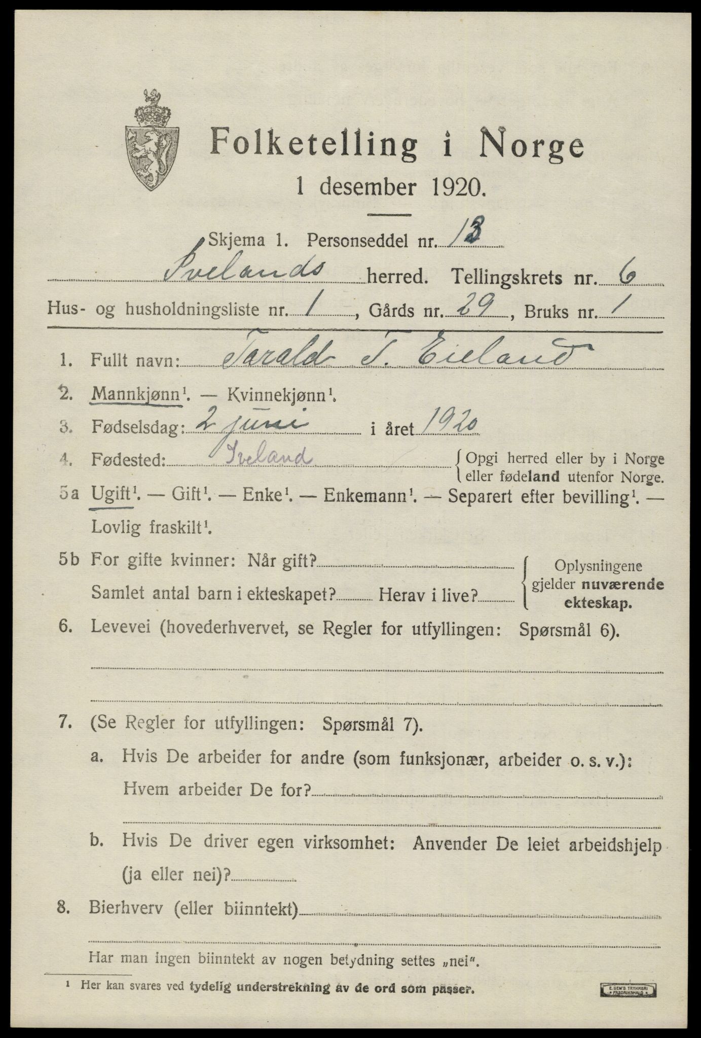 SAK, 1920 census for Iveland, 1920, p. 1951