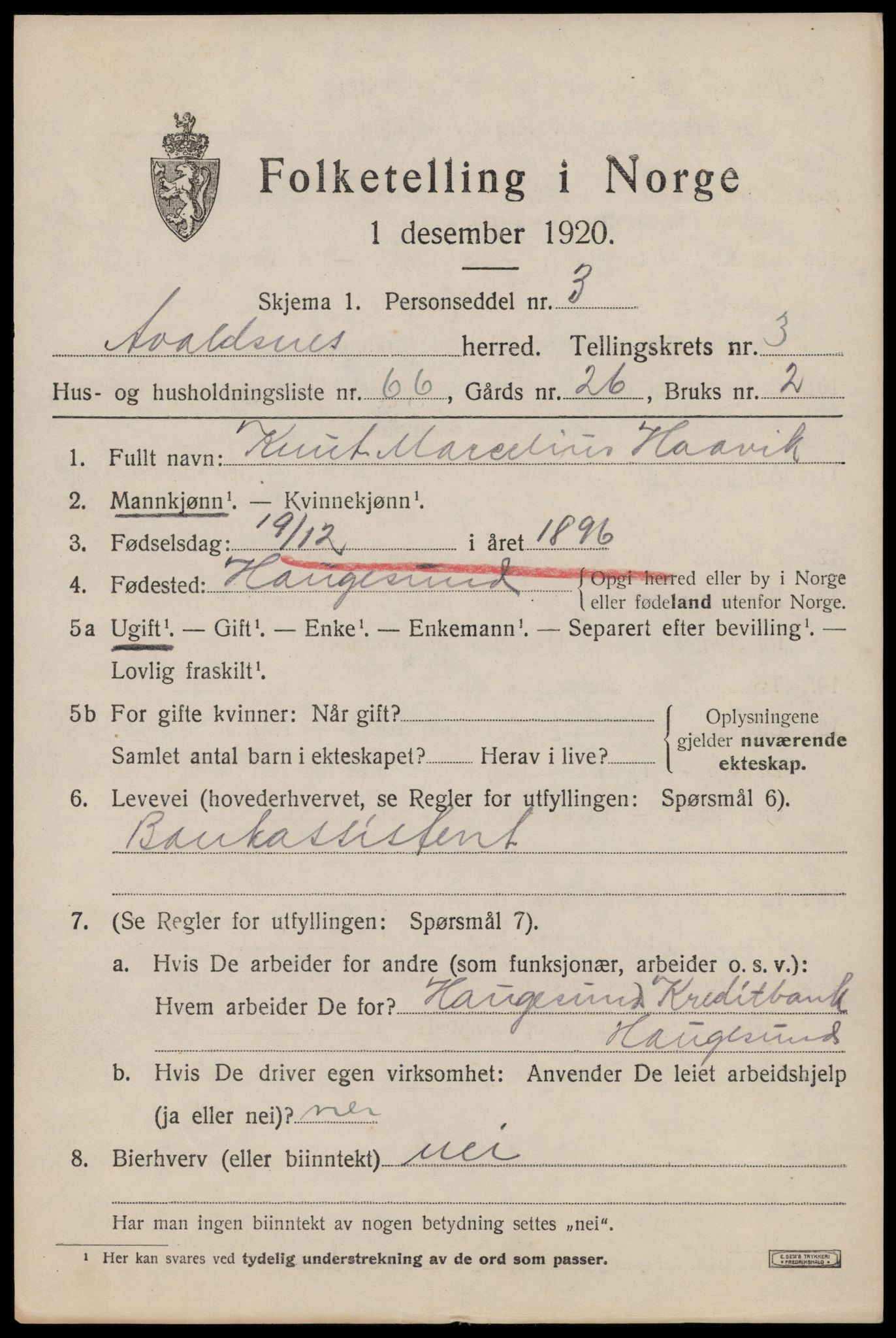 SAST, 1920 census for Avaldsnes, 1920, p. 3519