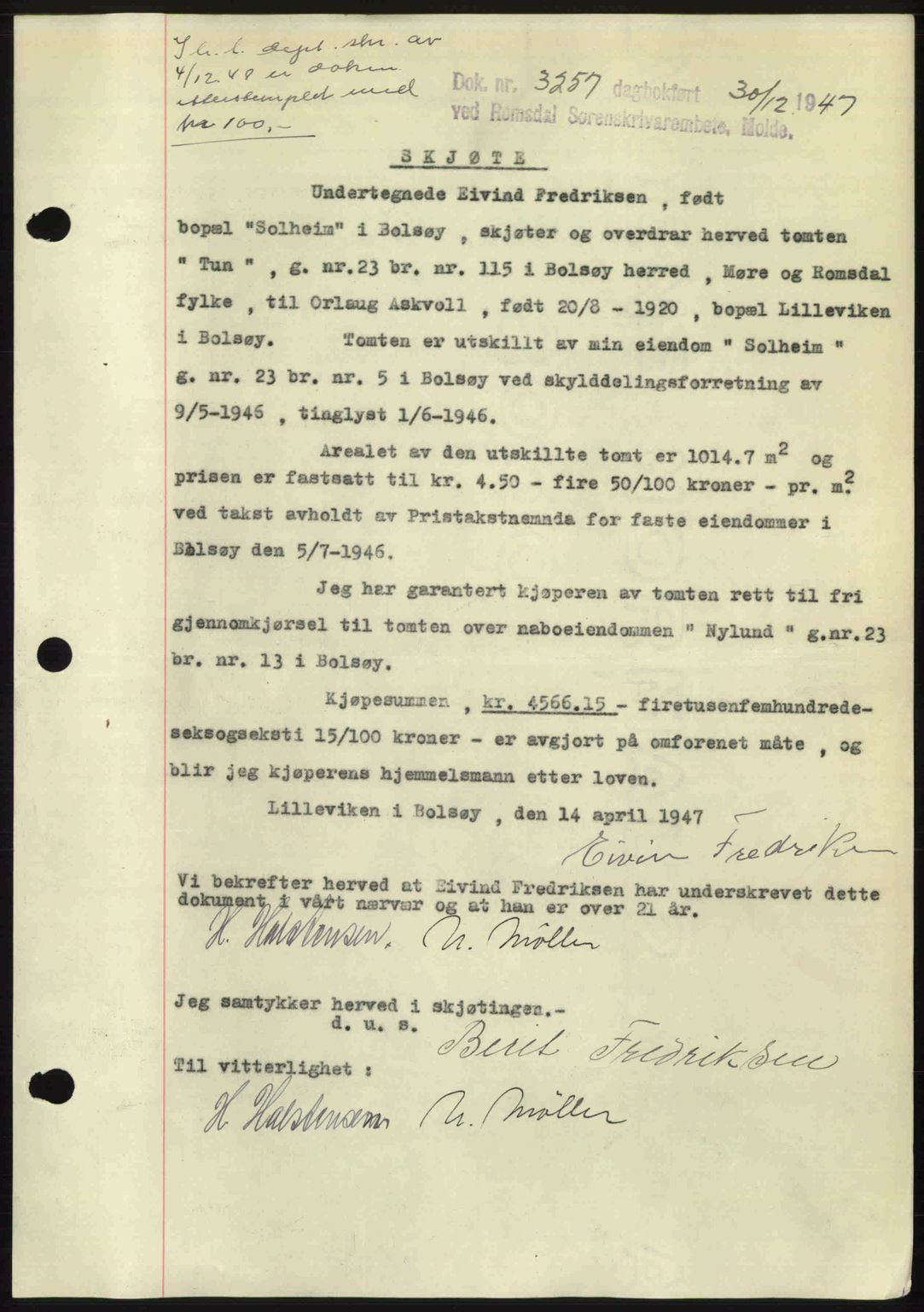 Romsdal sorenskriveri, SAT/A-4149/1/2/2C: Mortgage book no. A24, 1947-1947, Diary no: : 3257/1947