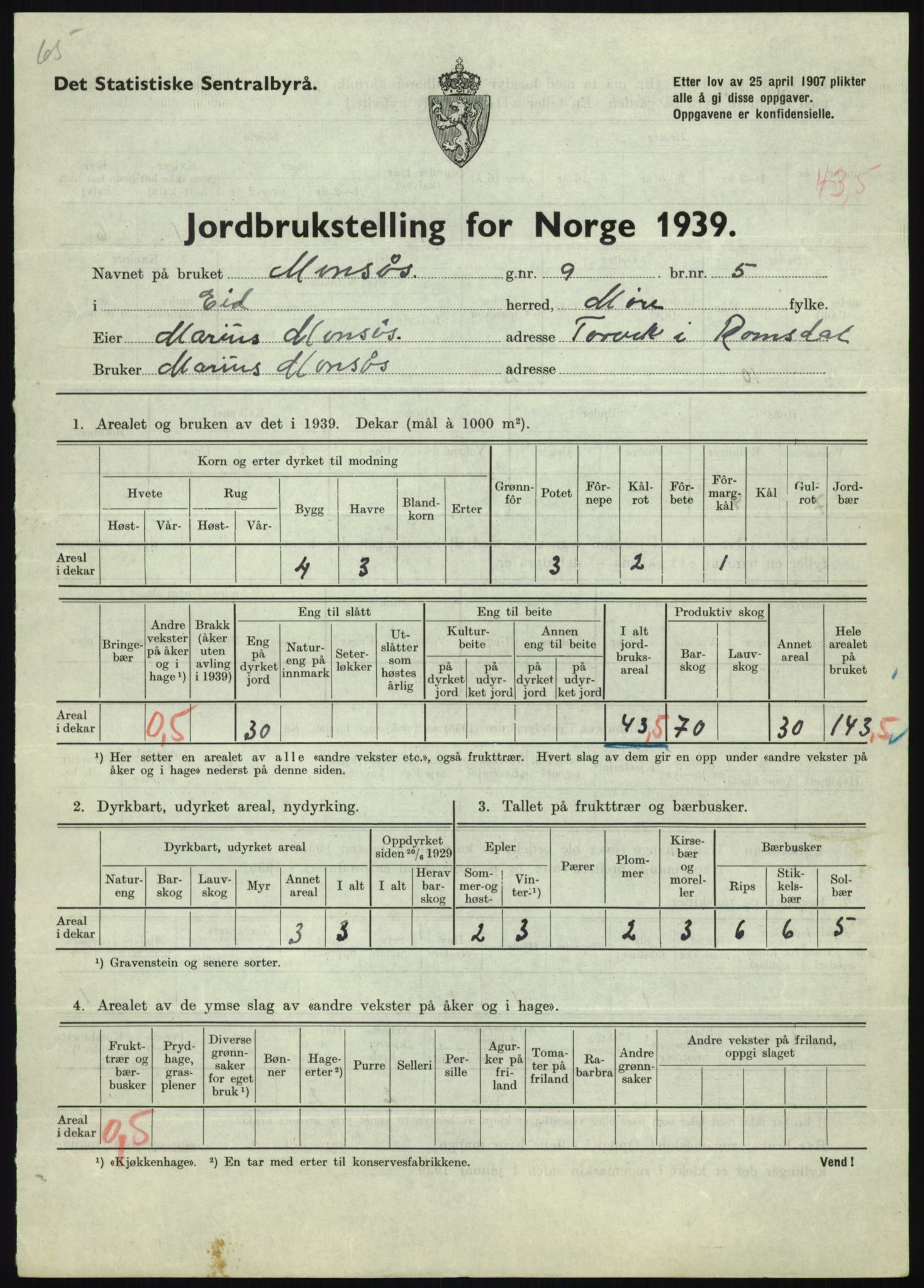 Statistisk sentralbyrå, Næringsøkonomiske emner, Jordbruk, skogbruk, jakt, fiske og fangst, AV/RA-S-2234/G/Gb/L0251: Møre og Romsdal: Voll, Eid, Grytten og Hen, 1939, p. 429