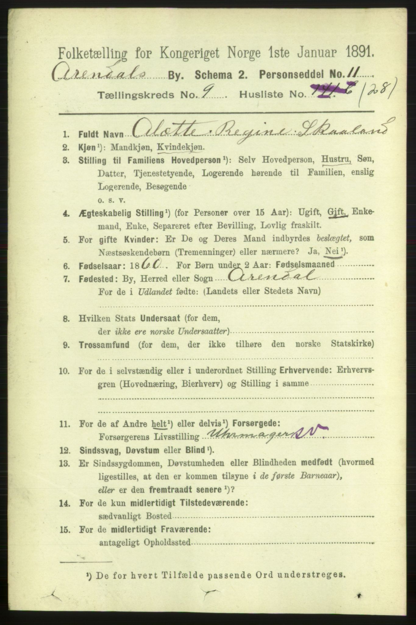 RA, 1891 census for 0903 Arendal, 1891, p. 3520