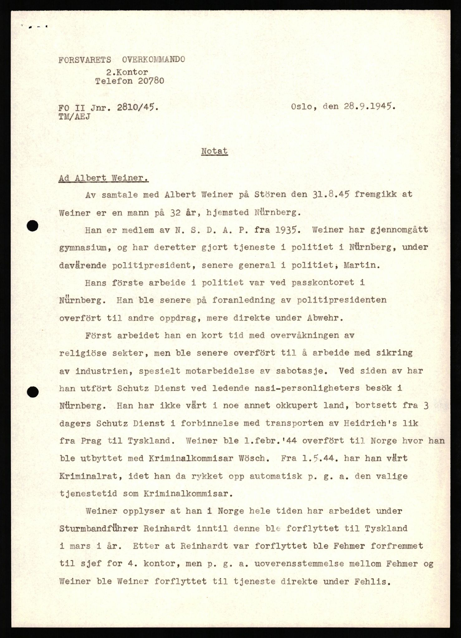 Forsvaret, Forsvarets overkommando II, AV/RA-RAFA-3915/D/Db/L0035: CI Questionaires. Tyske okkupasjonsstyrker i Norge. Tyskere., 1945-1946, p. 224