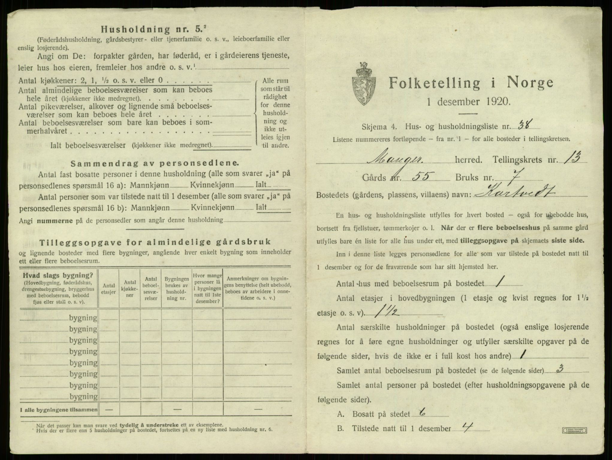 SAB, 1920 census for Manger, 1920, p. 1088