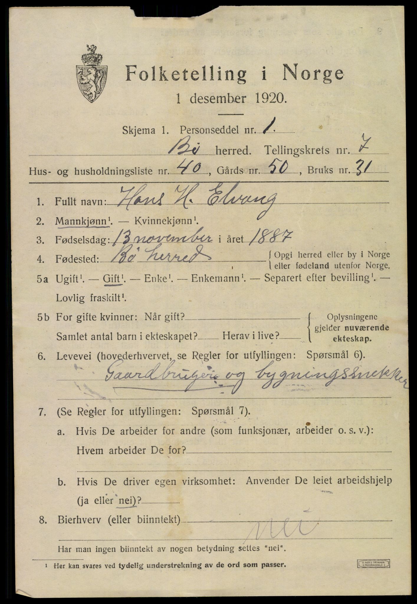 SAKO, 1920 census for Bø (Telemark), 1920, p. 5482