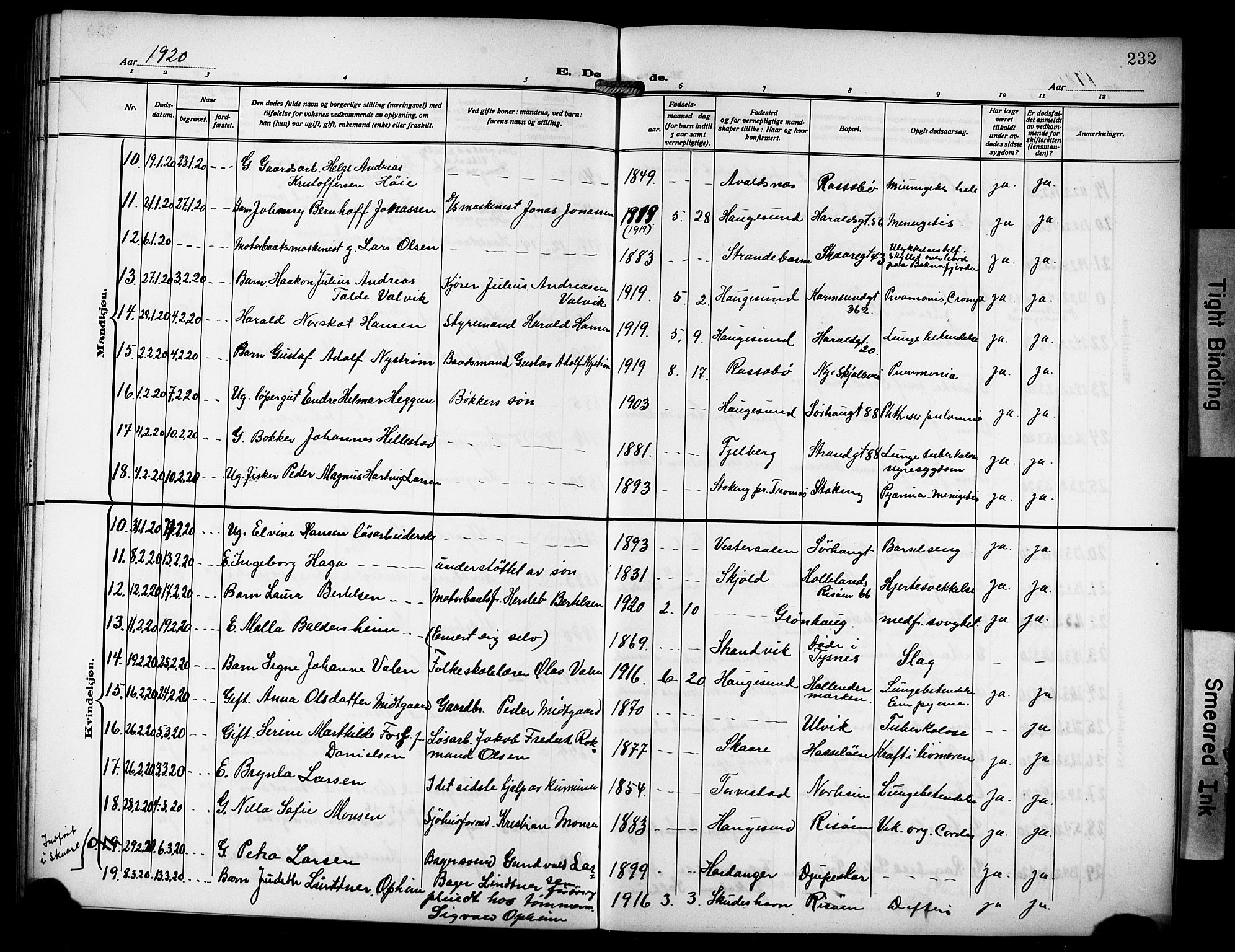 Haugesund sokneprestkontor, AV/SAST-A -101863/H/Ha/Hab/L0008: Parish register (copy) no. B 8, 1909-1921, p. 232