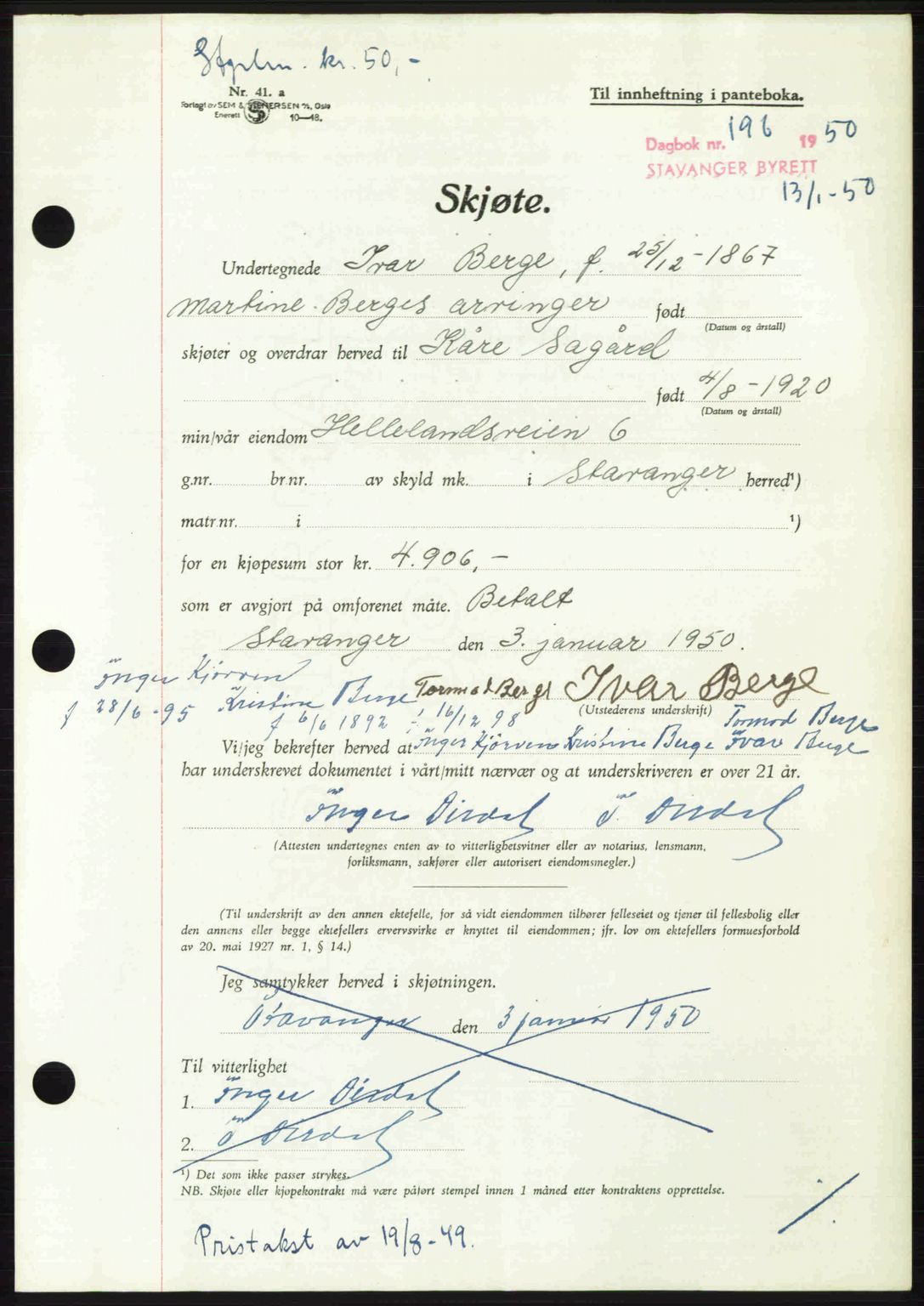 Stavanger byrett, SAST/A-100455/002/G/Gb/L0024: Mortgage book no. A13, 1949-1950, Diary no: : 196/1950