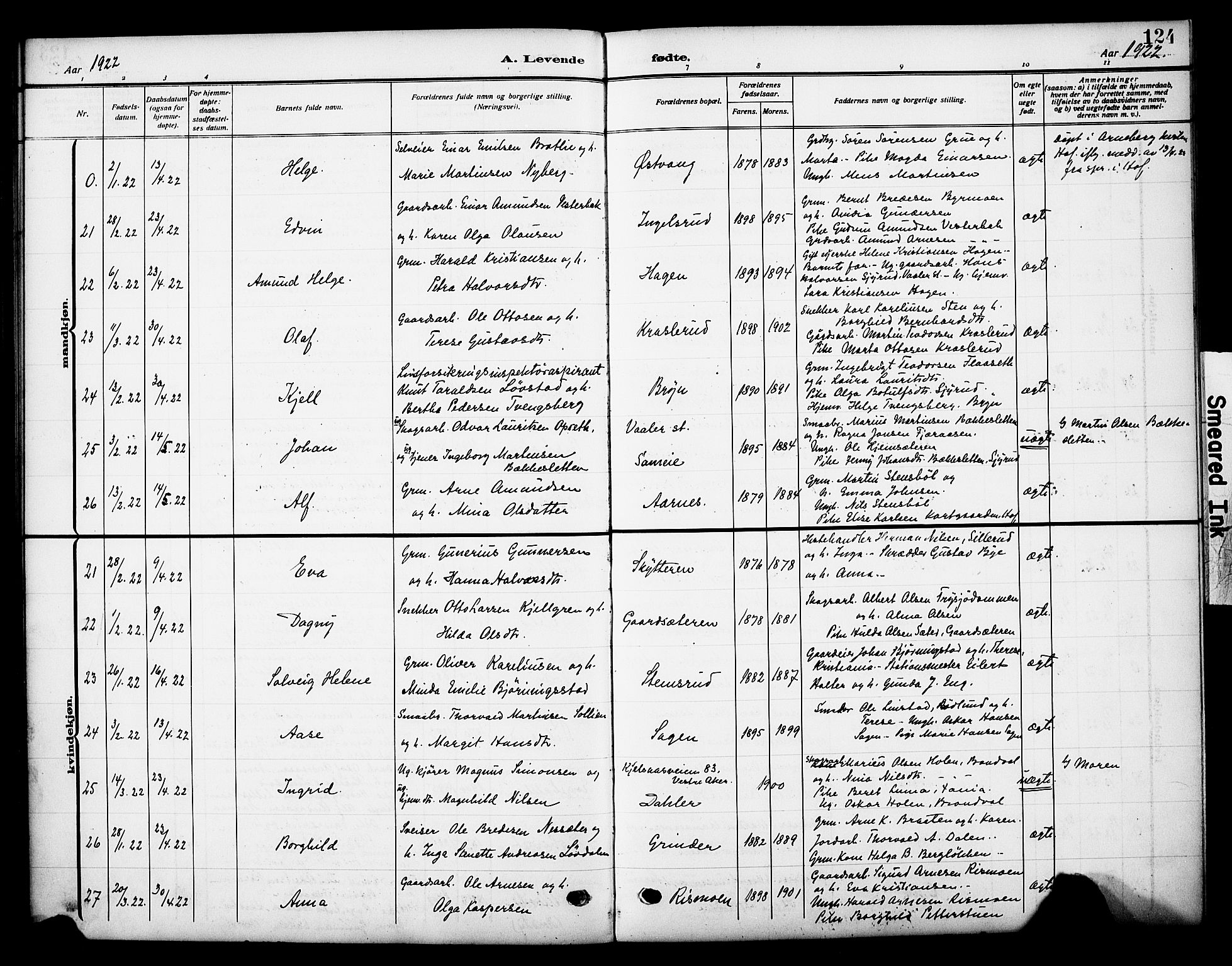 Grue prestekontor, AV/SAH-PREST-036/H/Ha/Haa/L0015: Parish register (official) no. 15, 1911-1922, p. 124