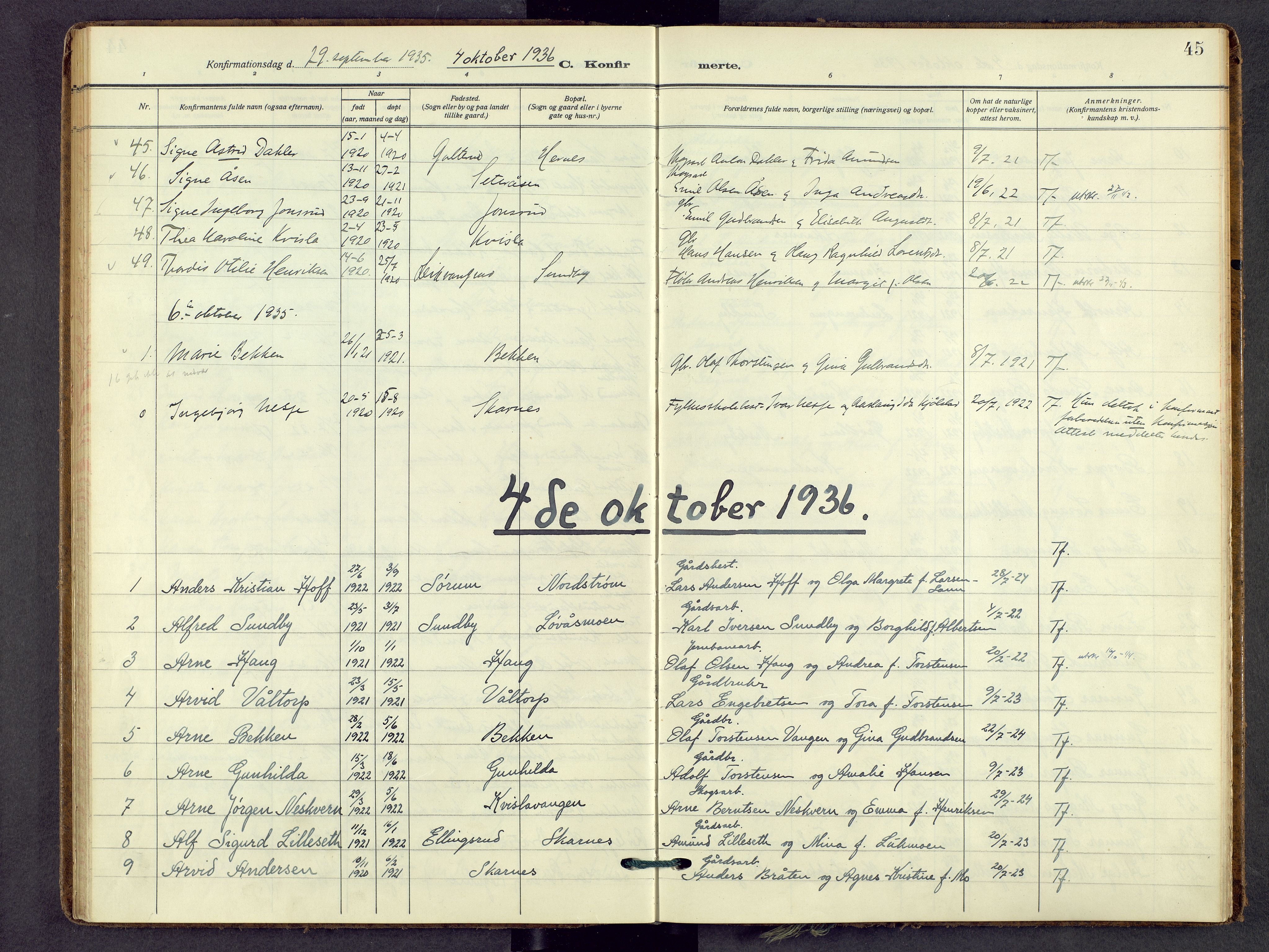 Sør-Odal prestekontor, SAH/PREST-030/H/Ha/Haa/L0013: Parish register (official) no. 13, 1926-1948, p. 45