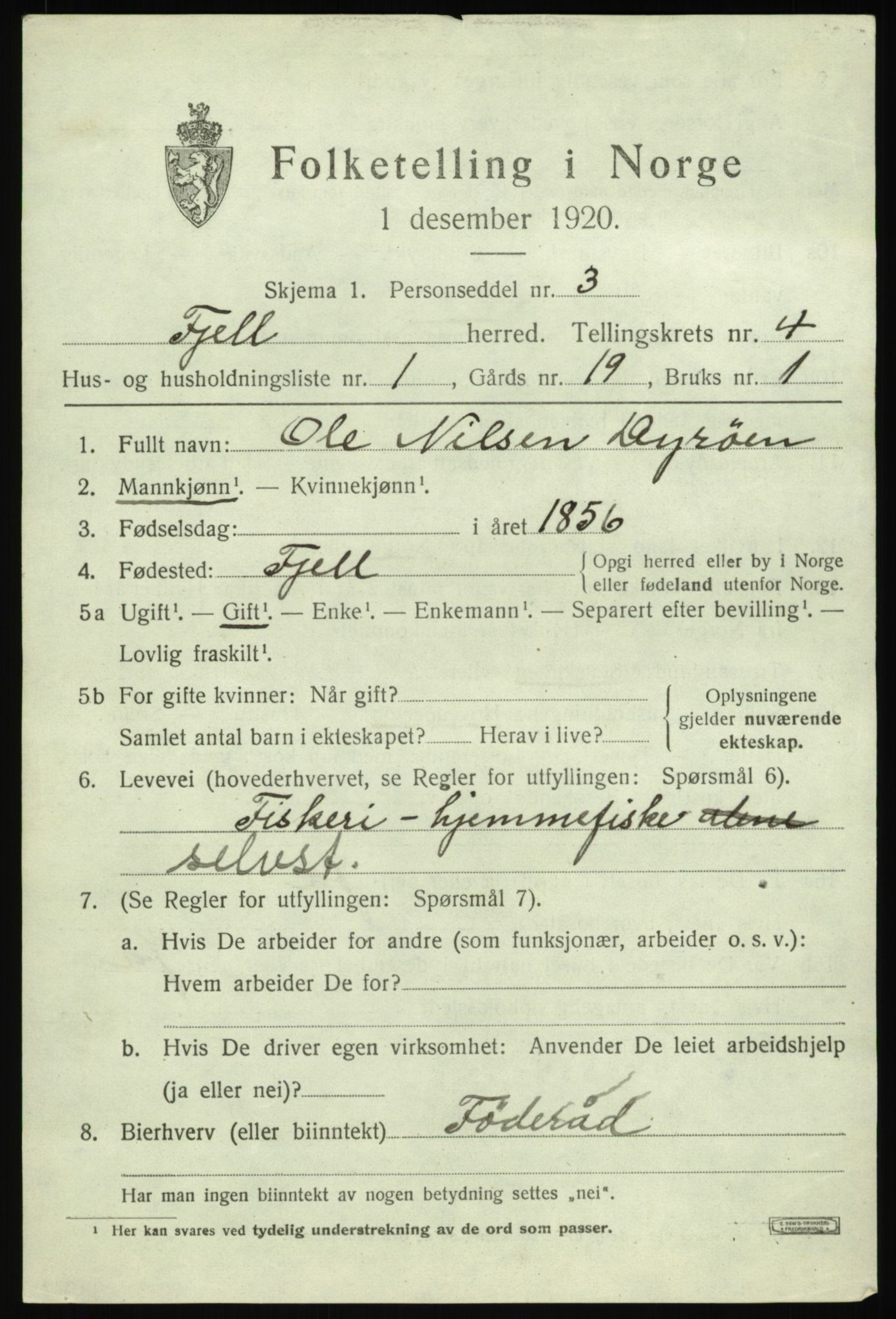 SAB, 1920 census for Fjell, 1920, p. 3686