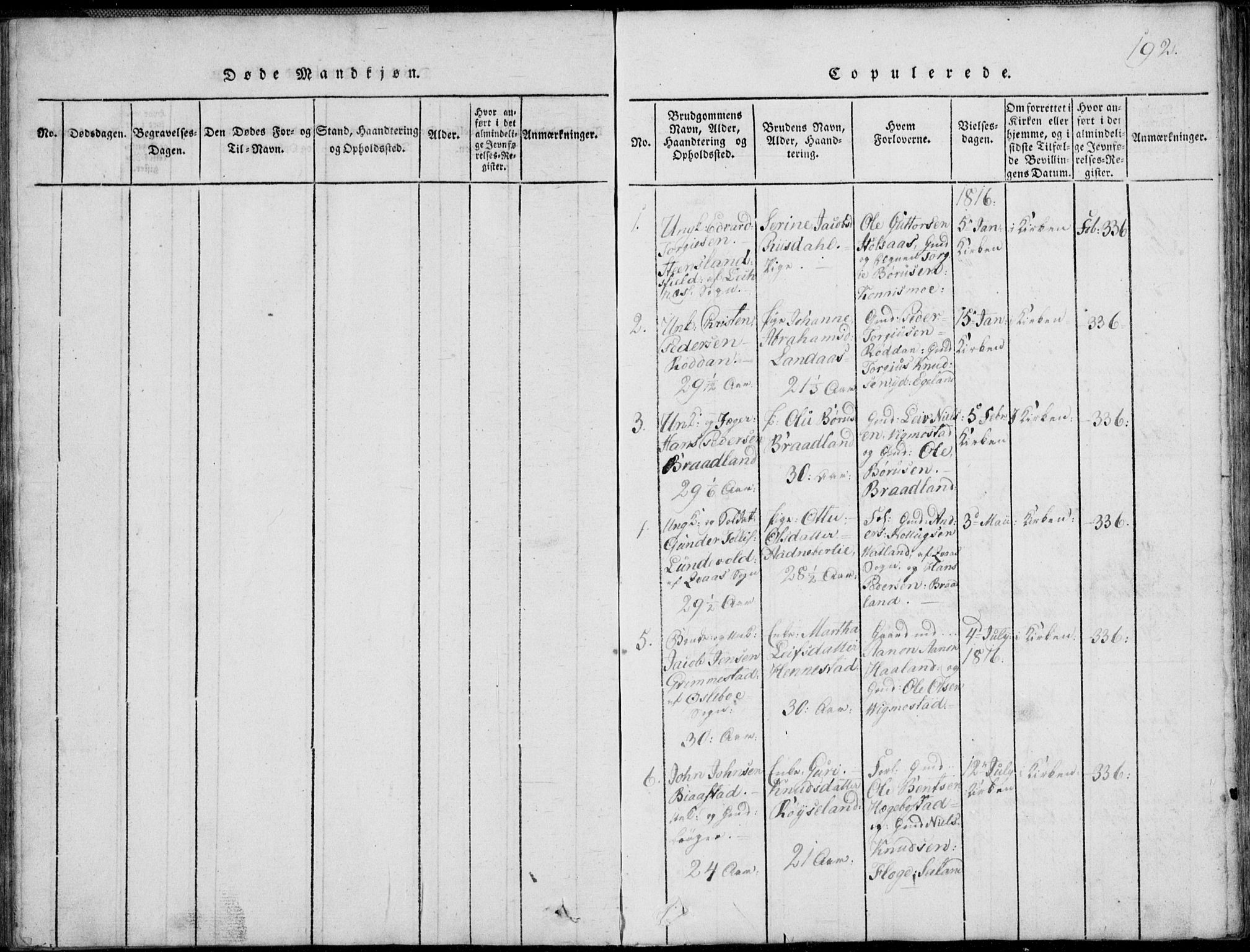 Nord-Audnedal sokneprestkontor, SAK/1111-0032/F/Fb/Fbb/L0001: Parish register (copy) no. B 1, 1816-1858, p. 192