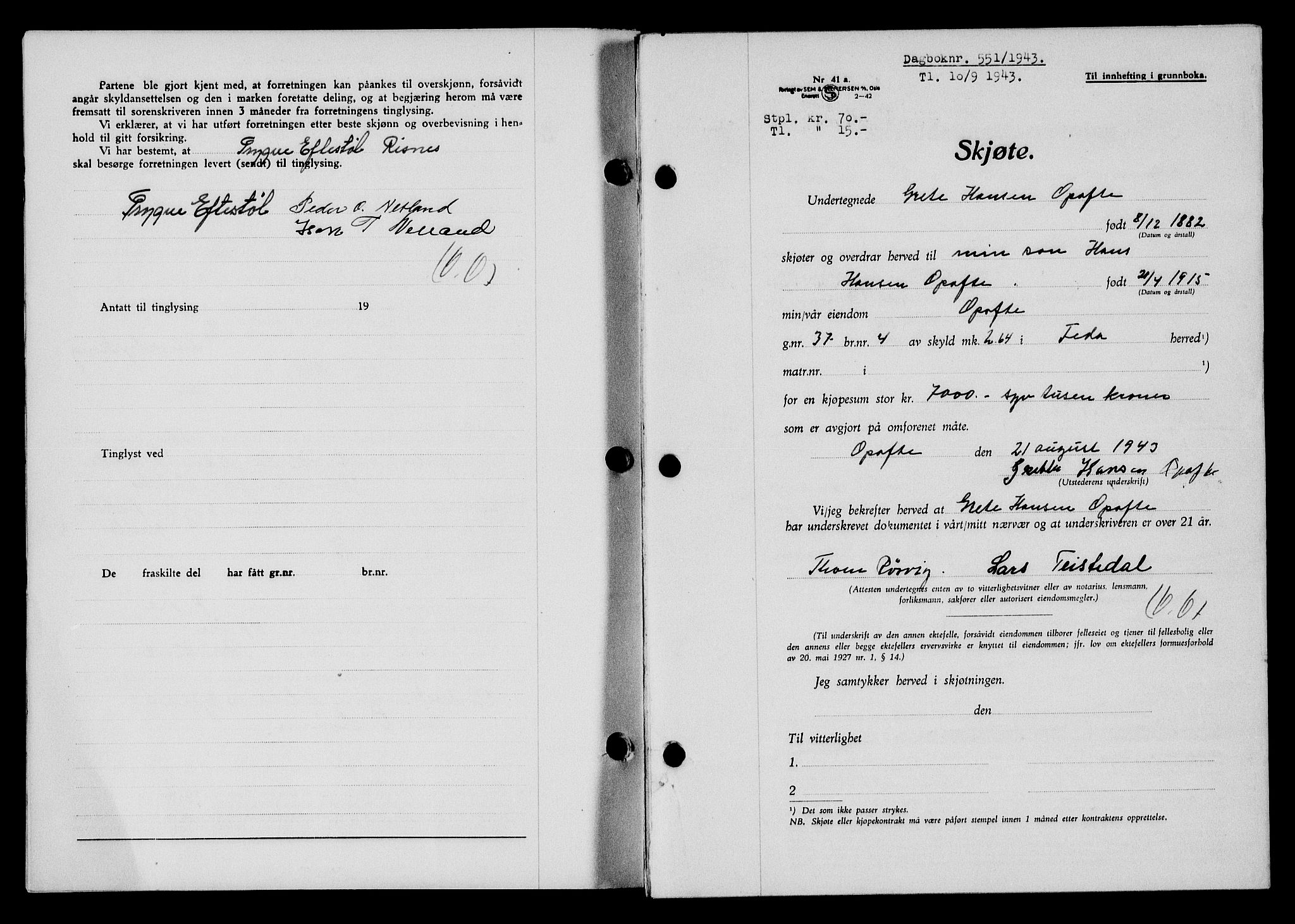 Flekkefjord sorenskriveri, SAK/1221-0001/G/Gb/Gba/L0058: Mortgage book no. A-6, 1942-1944, Diary no: : 551/1943