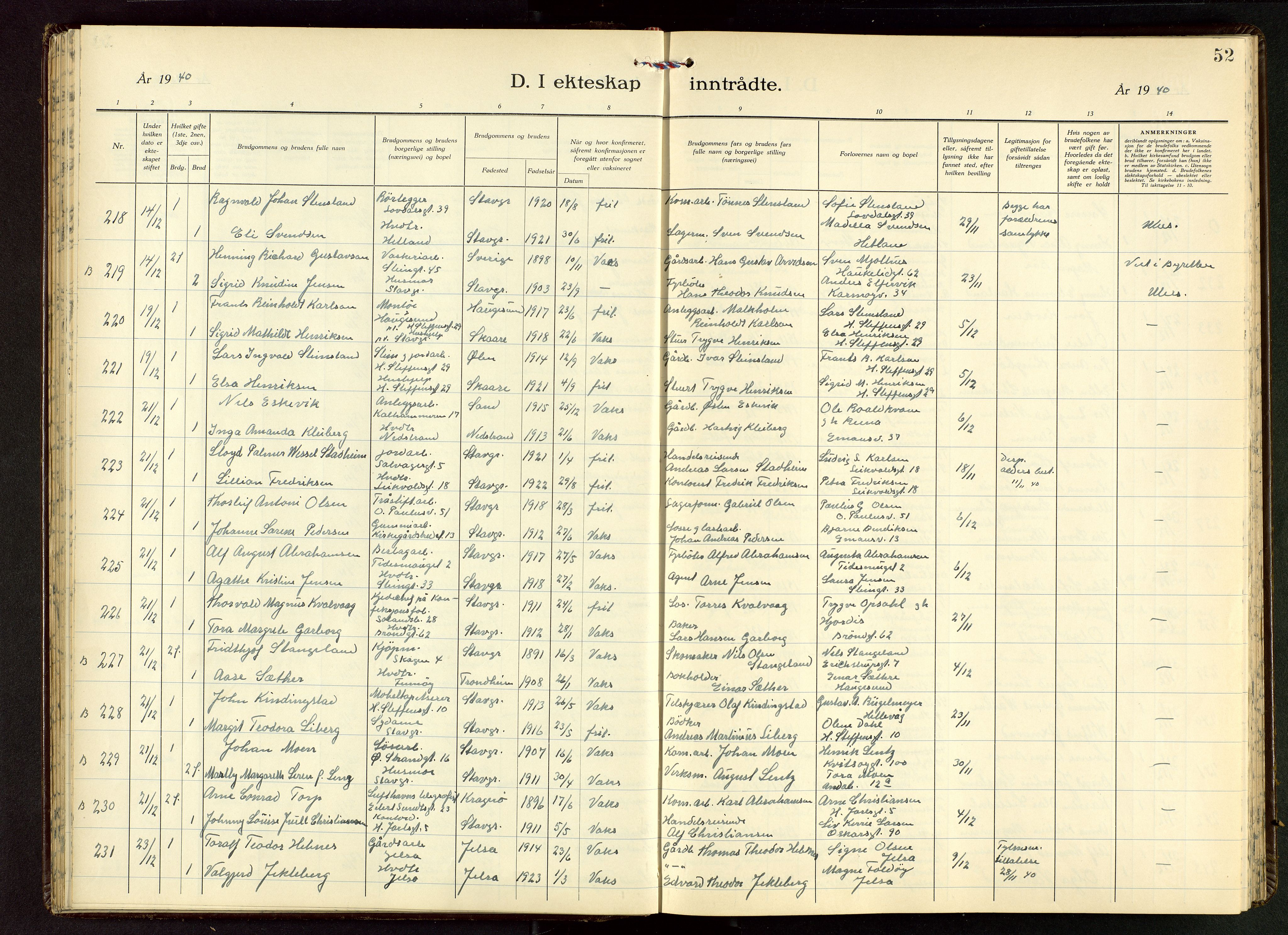 Domkirken sokneprestkontor, AV/SAST-A-101812/001/30/30BB/L0022: Parish register (copy) no. B 22, 1937-1949, p. 52