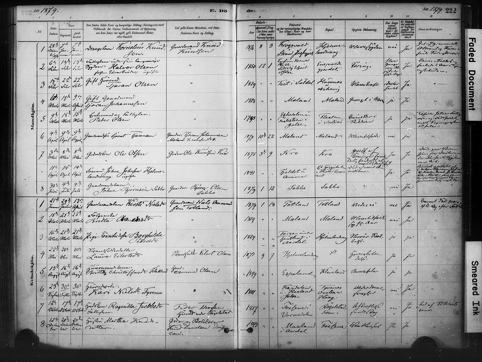 Hjelmeland sokneprestkontor, AV/SAST-A-101843/01/IV/L0014: Parish register (official) no. A 14, 1879-1900, p. 222