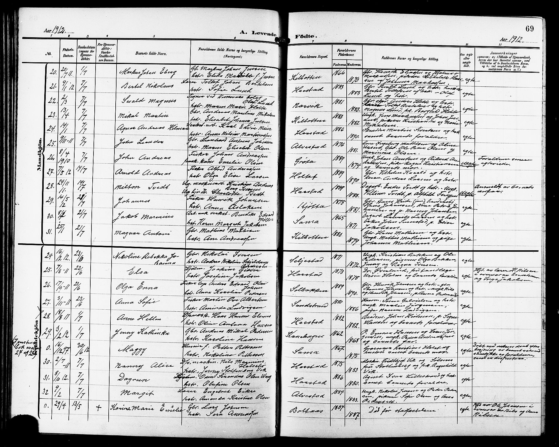 Trondenes sokneprestkontor, AV/SATØ-S-1319/H/Hb/L0012klokker: Parish register (copy) no. 12, 1907-1916, p. 69