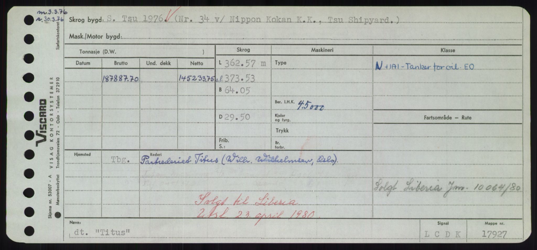 Sjøfartsdirektoratet med forløpere, Skipsmålingen, RA/S-1627/H/Hd/L0039: Fartøy, Ti-Tø, p. 85