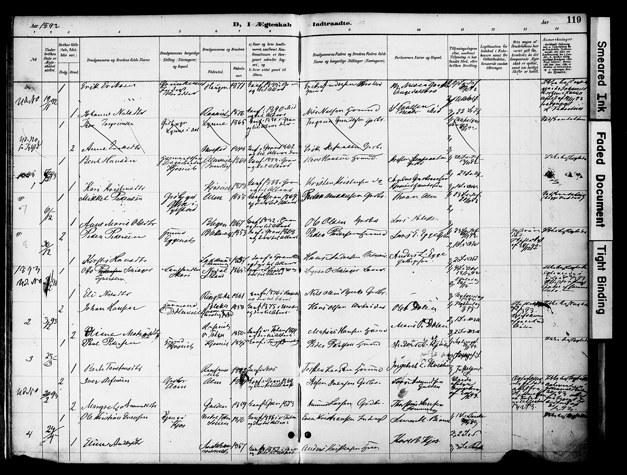Gran prestekontor, SAH/PREST-112/H/Ha/Haa/L0020: Parish register (official) no. 20, 1889-1899, p. 119