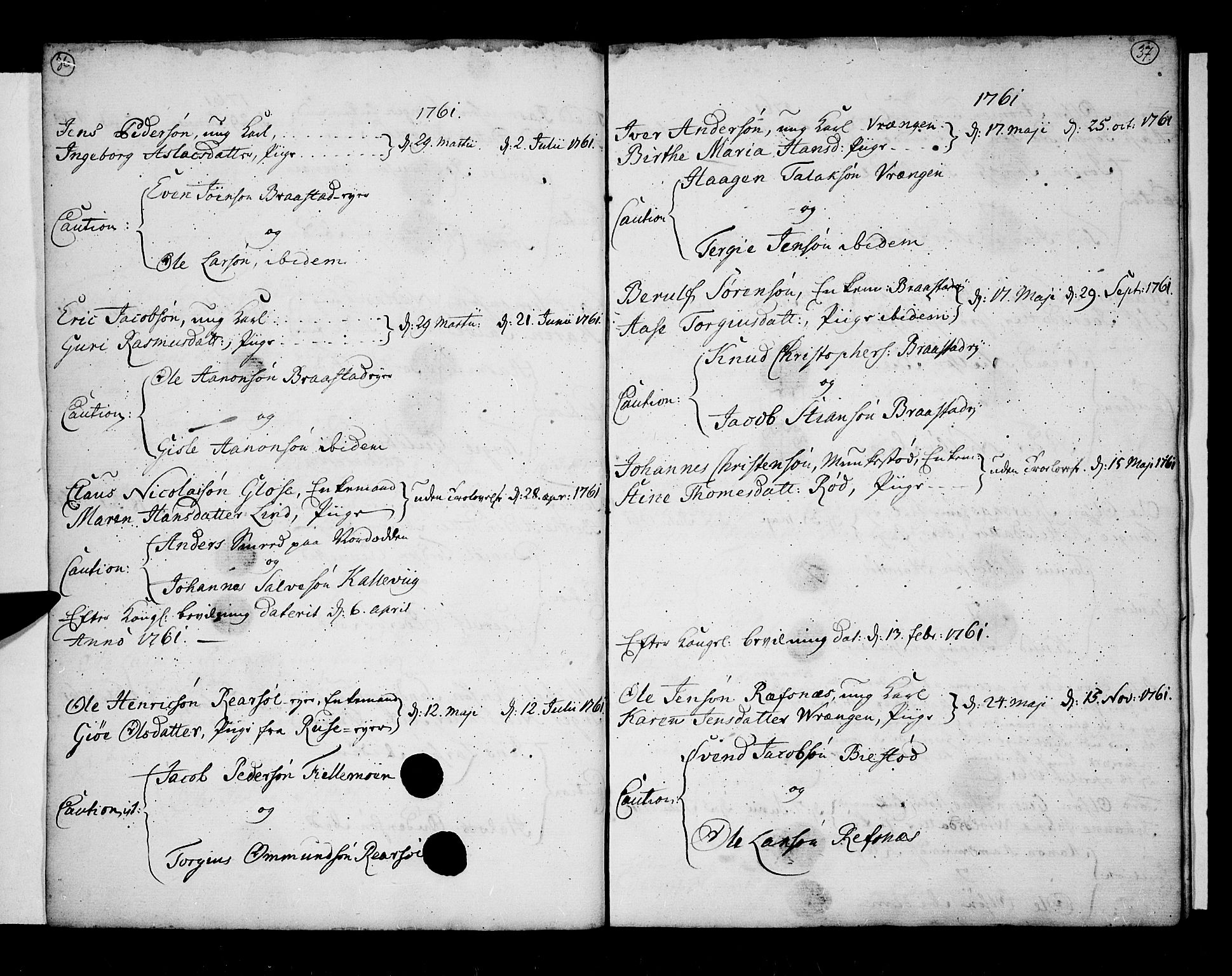 Øyestad sokneprestkontor, AV/SAK-1111-0049/F/Fa/L0007: Parish register (official) no. A 7, 1758-1767, p. 36-37