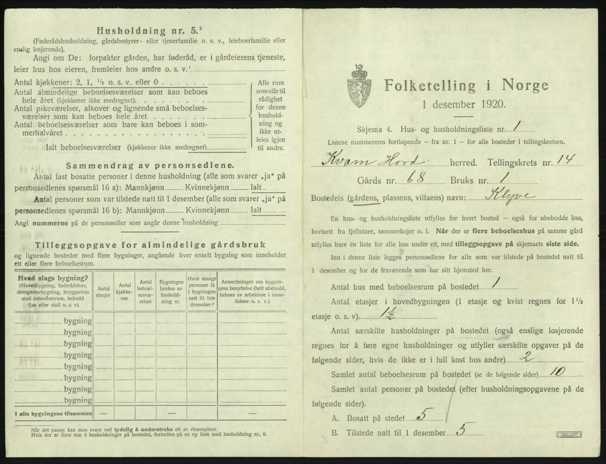 SAB, 1920 census for Kvam, 1920, p. 1153