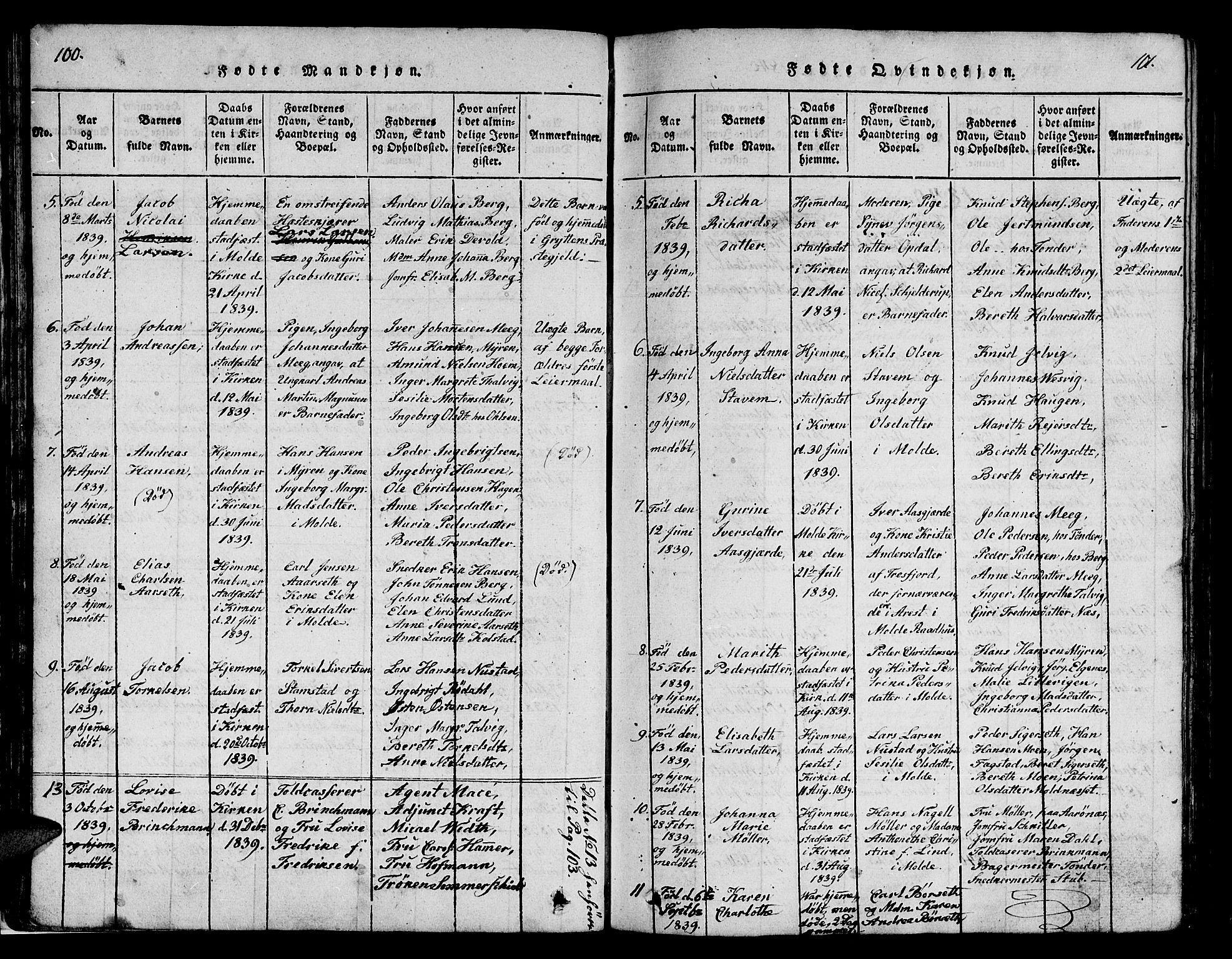 Ministerialprotokoller, klokkerbøker og fødselsregistre - Møre og Romsdal, SAT/A-1454/558/L0700: Parish register (copy) no. 558C01, 1818-1868, p. 100-101