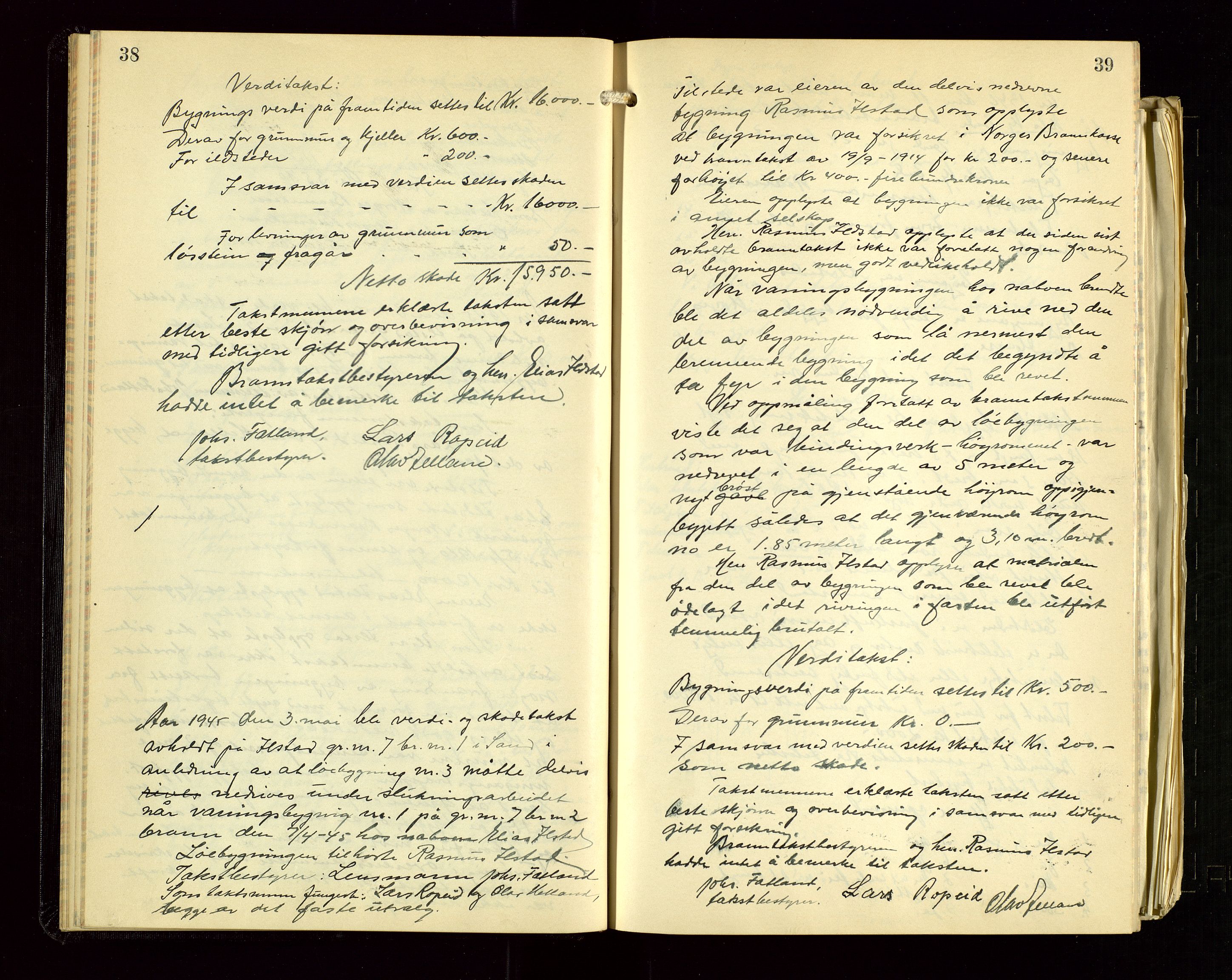 Sand lensmannskontor, AV/SAST-A-100415/Gob/L0004: Branntakstprotokoll, 1937-1955, p. 38-39