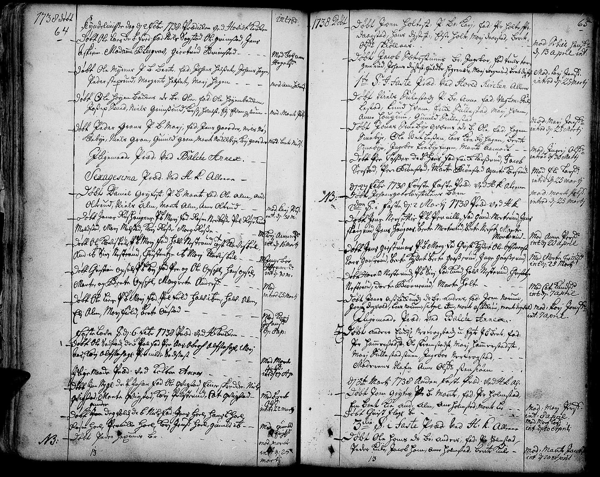 Toten prestekontor, AV/SAH-PREST-102/H/Ha/Haa/L0003: Parish register (official) no. 3, 1734-1751, p. 64-65