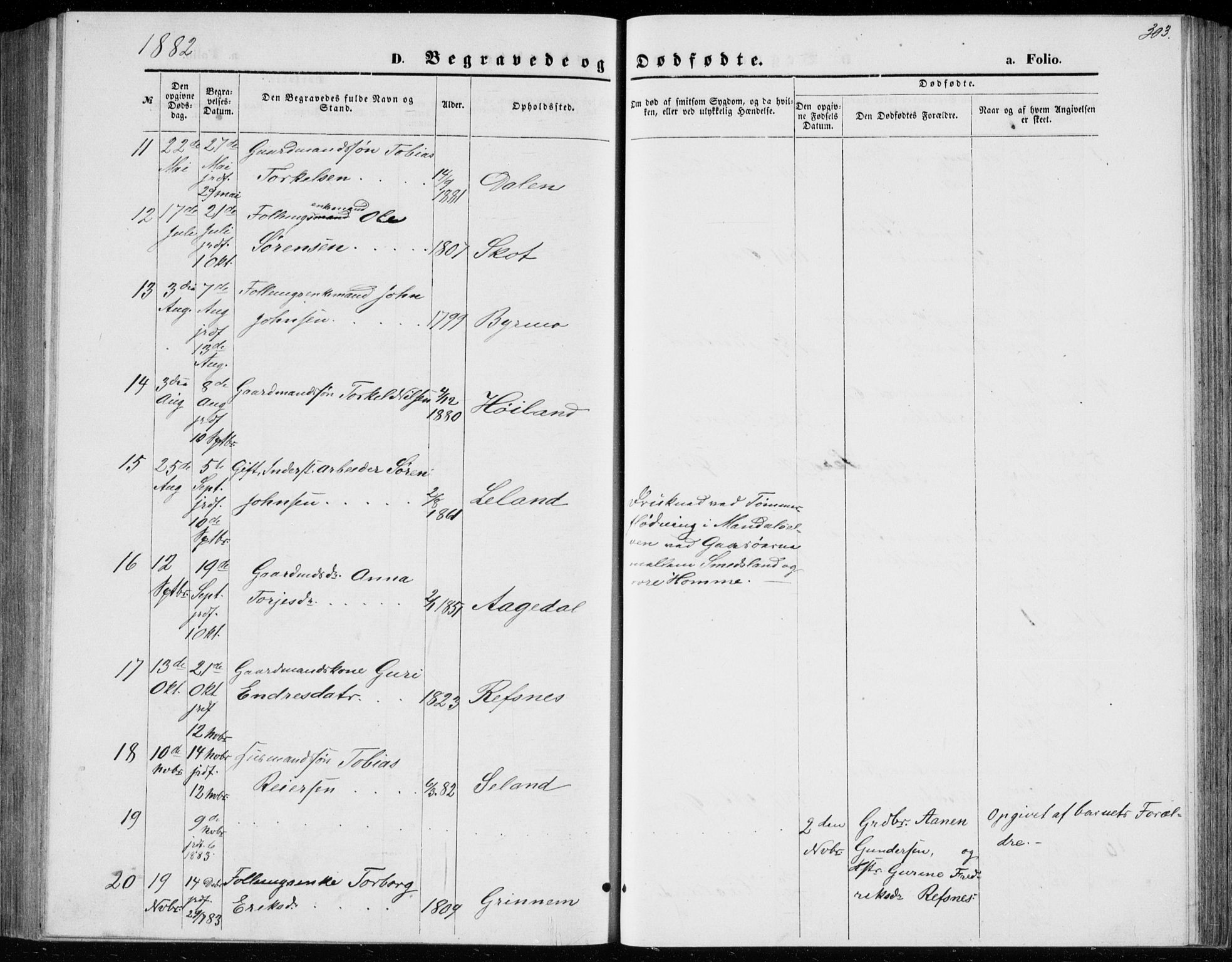 Bjelland sokneprestkontor, AV/SAK-1111-0005/F/Fb/Fbc/L0002: Parish register (copy) no. B 2, 1867-1887, p. 303