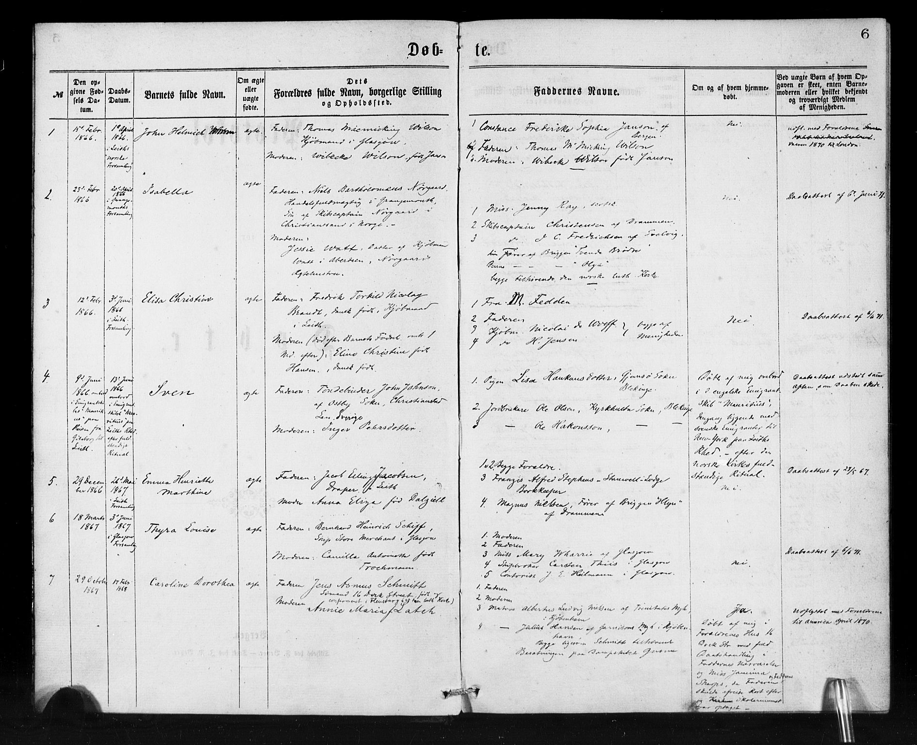 Den norske sjømannsmisjon i utlandet/Skotske havner (Leith, Glasgow), SAB/SAB/PA-0100/H/Ha/Haa/L0001: Parish register (official) no. A 1, 1865-1880, p. 6