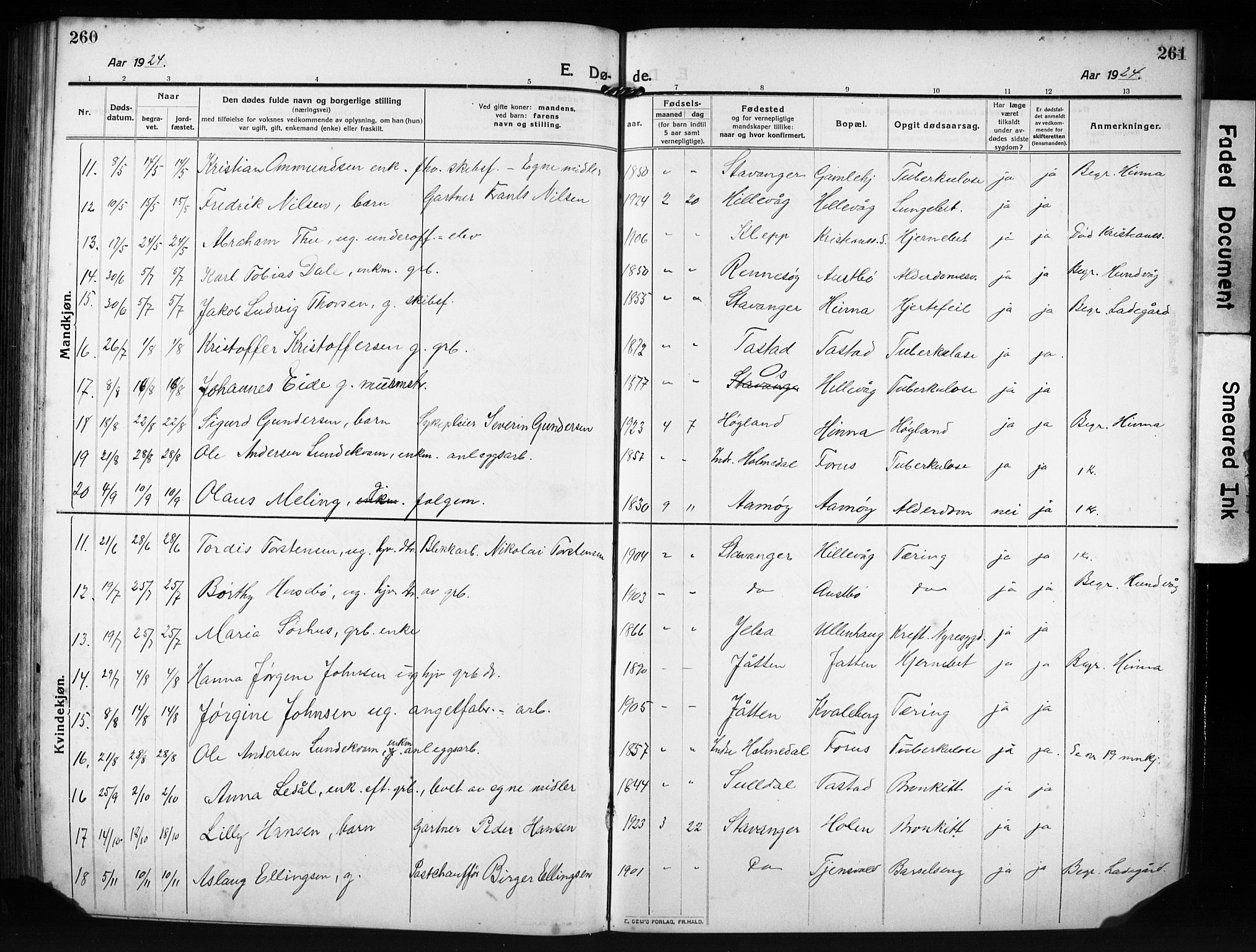 Hetland sokneprestkontor, AV/SAST-A-101826/30/30BB/L0009: Parish register (copy) no. B 9, 1910-1931, p. 260-261