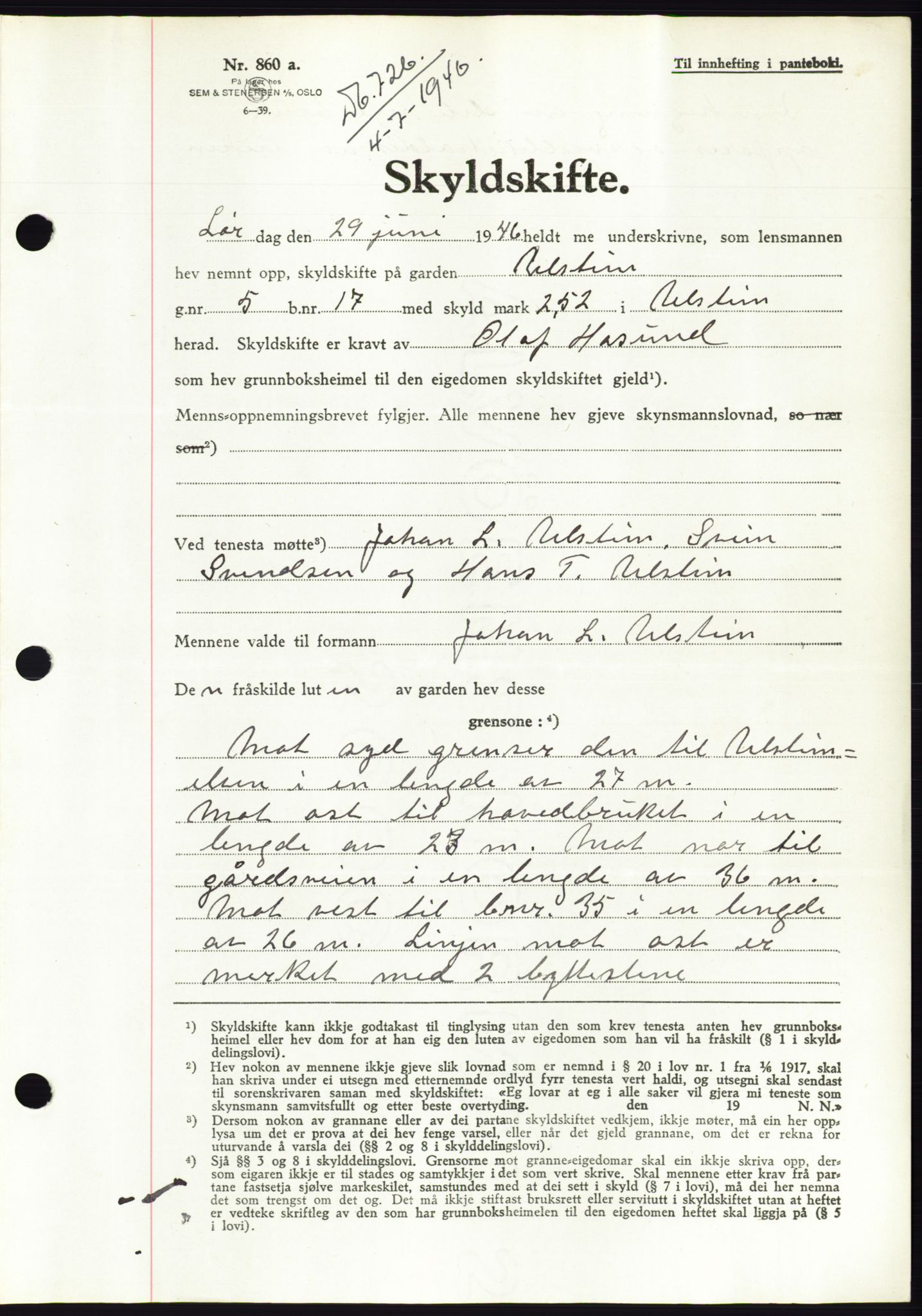 Søre Sunnmøre sorenskriveri, AV/SAT-A-4122/1/2/2C/L0078: Mortgage book no. 4A, 1946-1946, Diary no: : 726/1946