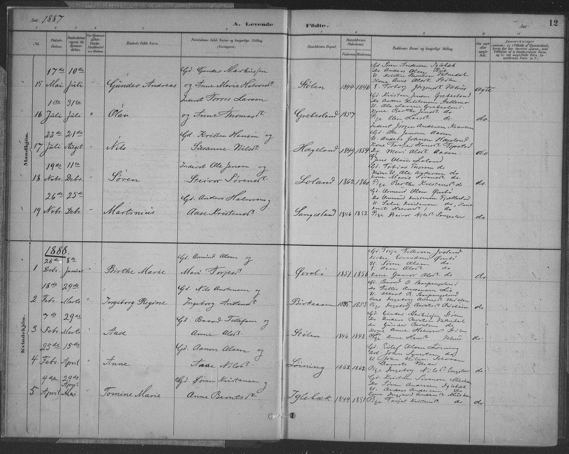 Vennesla sokneprestkontor, SAK/1111-0045/Fa/Fac/L0009: Parish register (official) no. A 9, 1884-1901, p. 12