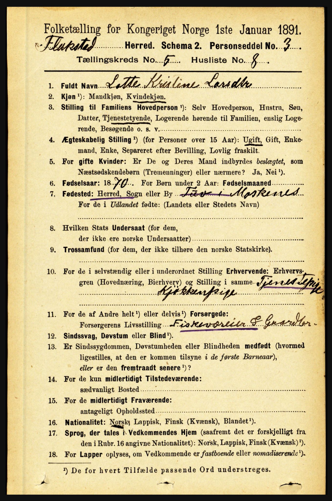 RA, 1891 census for 1859 Flakstad, 1891, p. 2537