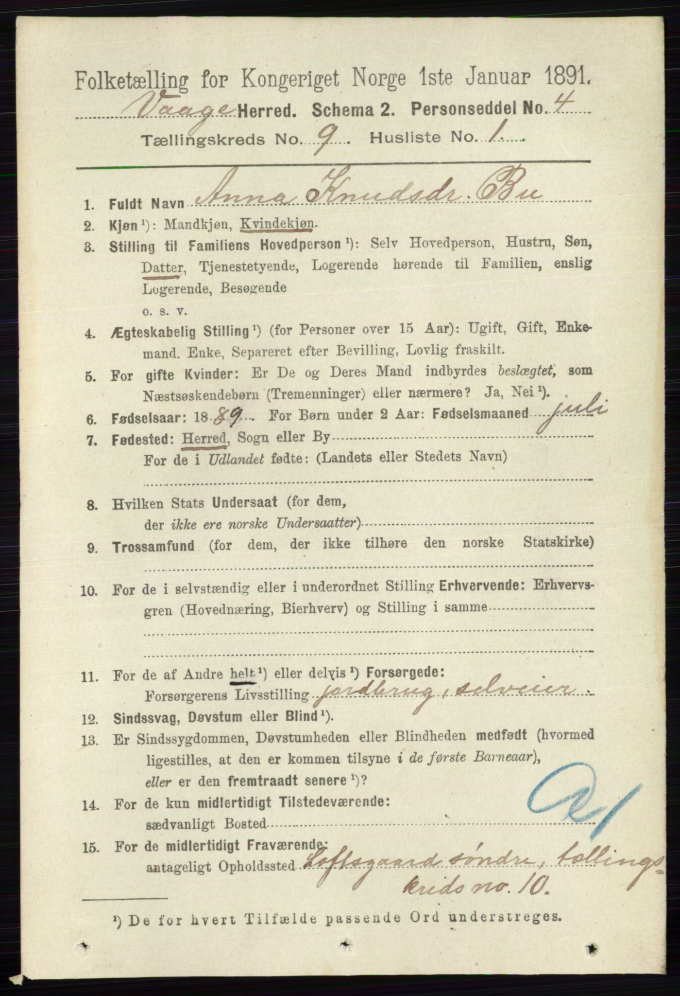 RA, 1891 census for 0515 Vågå, 1891, p. 5486