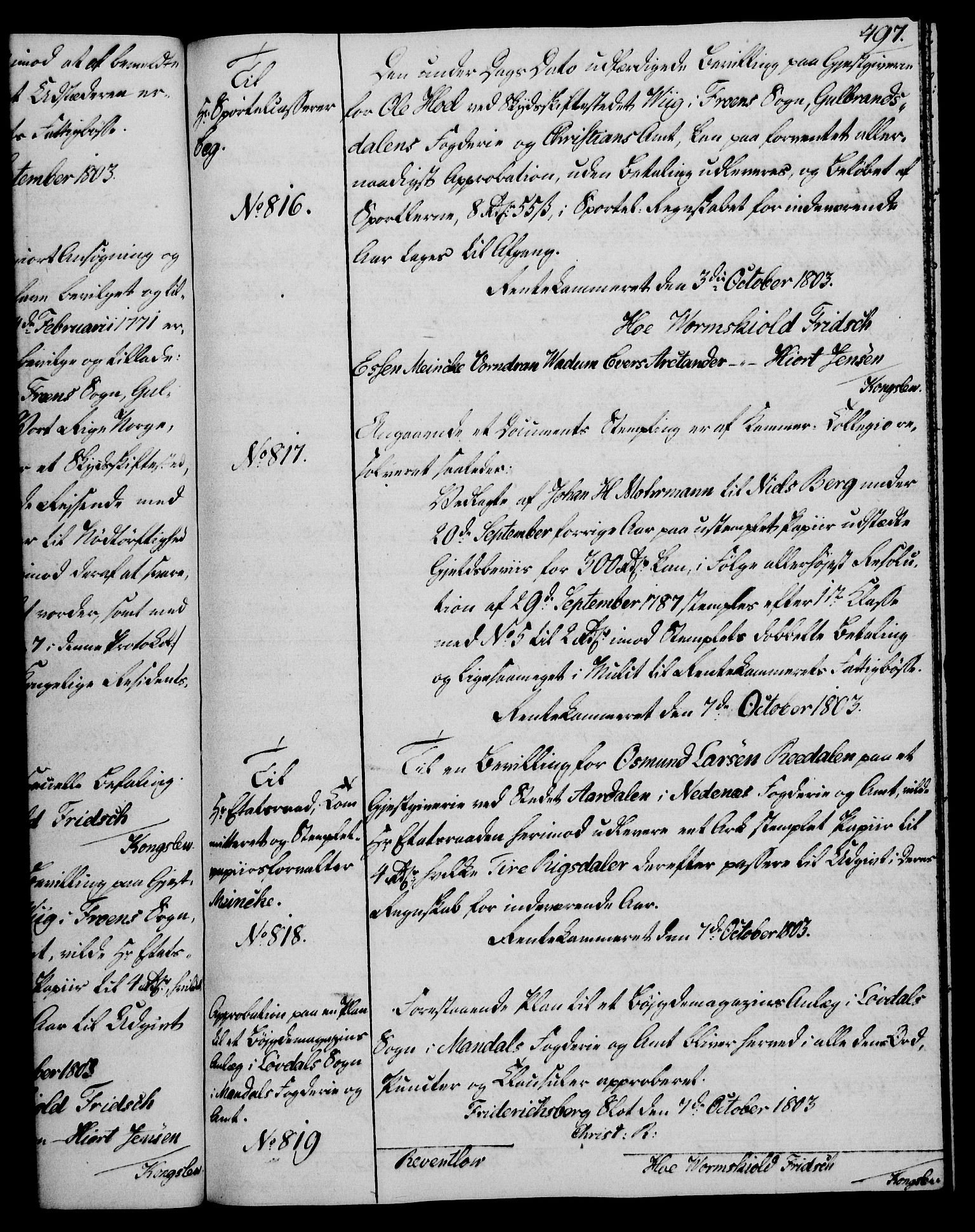 Rentekammeret, Kammerkanselliet, RA/EA-3111/G/Gg/Gga/L0017: Norsk ekspedisjonsprotokoll med register (merket RK 53.17), 1801-1803, p. 497