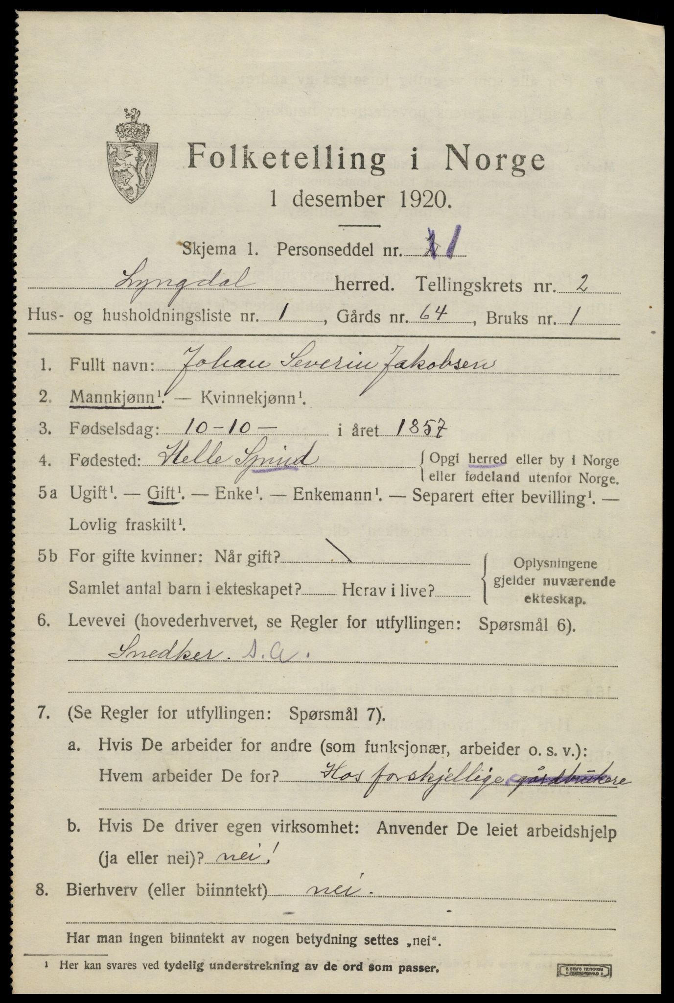 SAK, 1920 census for Lyngdal, 1920, p. 1581