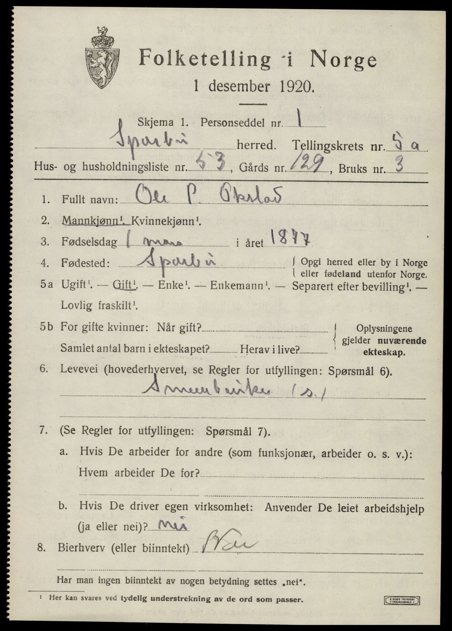 SAT, 1920 census for Sparbu, 1920, p. 6795