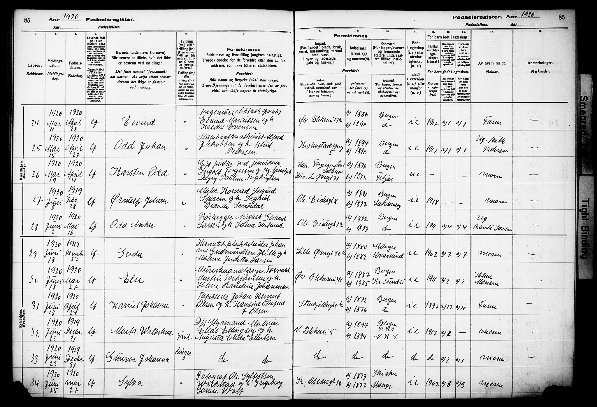 Korskirken sokneprestembete, AV/SAB-A-76101/I/Id/L00A1: Birth register no. A 1, 1916-1929, p. 85