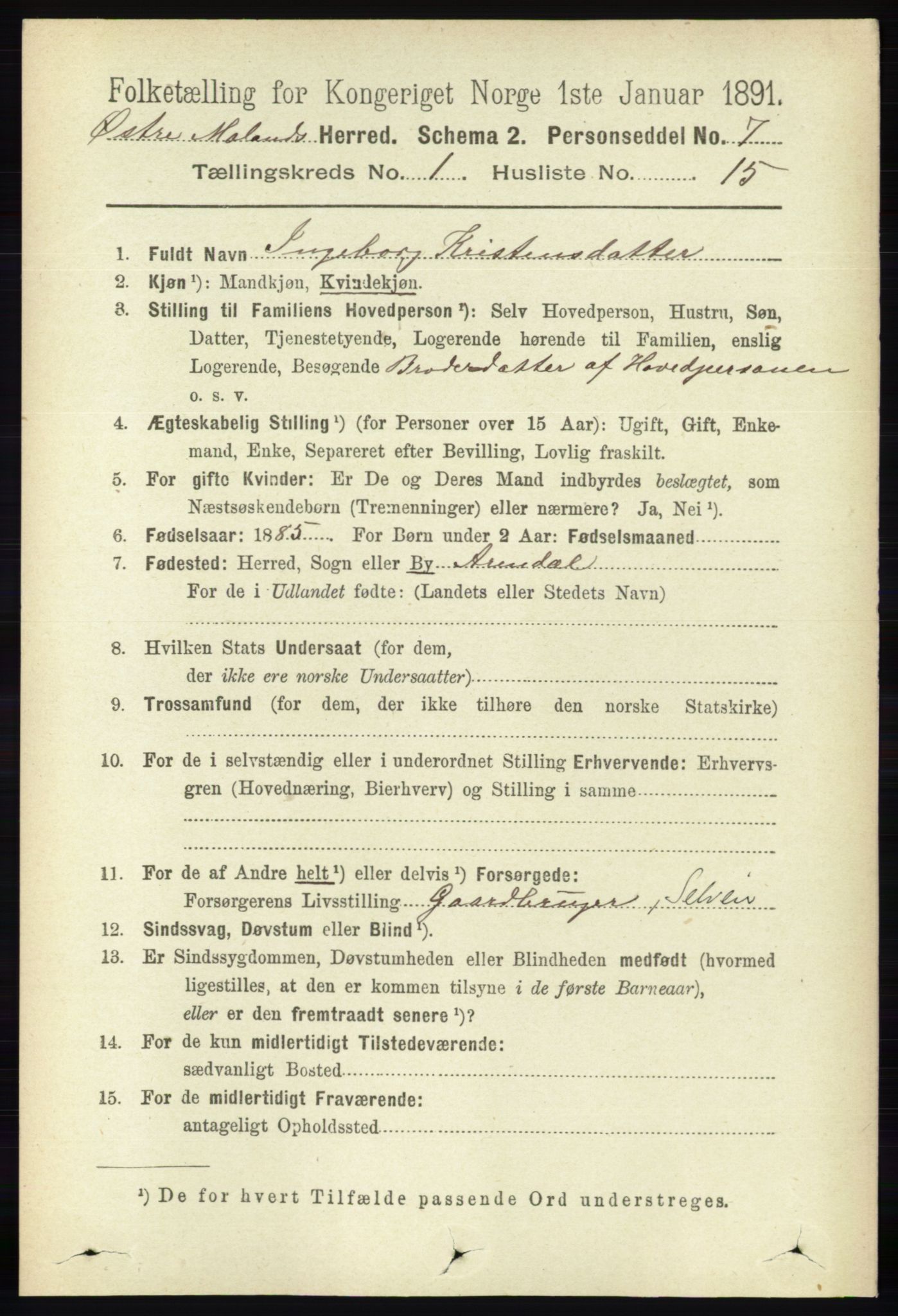 RA, 1891 census for 0918 Austre Moland, 1891, p. 183