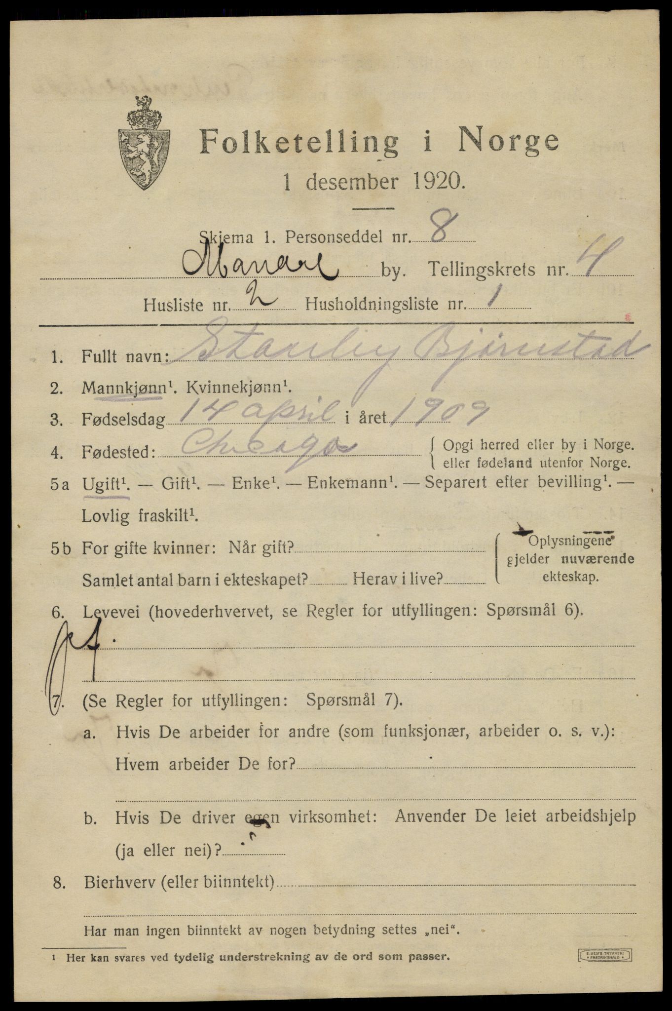 SAK, 1920 census for Mandal, 1920, p. 7039