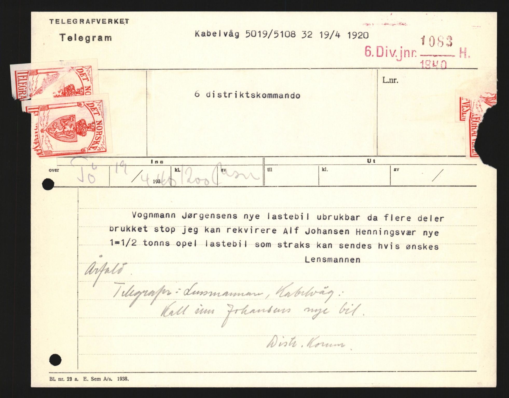 Forsvaret, Forsvarets krigshistoriske avdeling, AV/RA-RAFA-2017/Y/Yb/L0122: II-C-11-600  -  6. Divisjon med avdelinger, 1940, p. 95