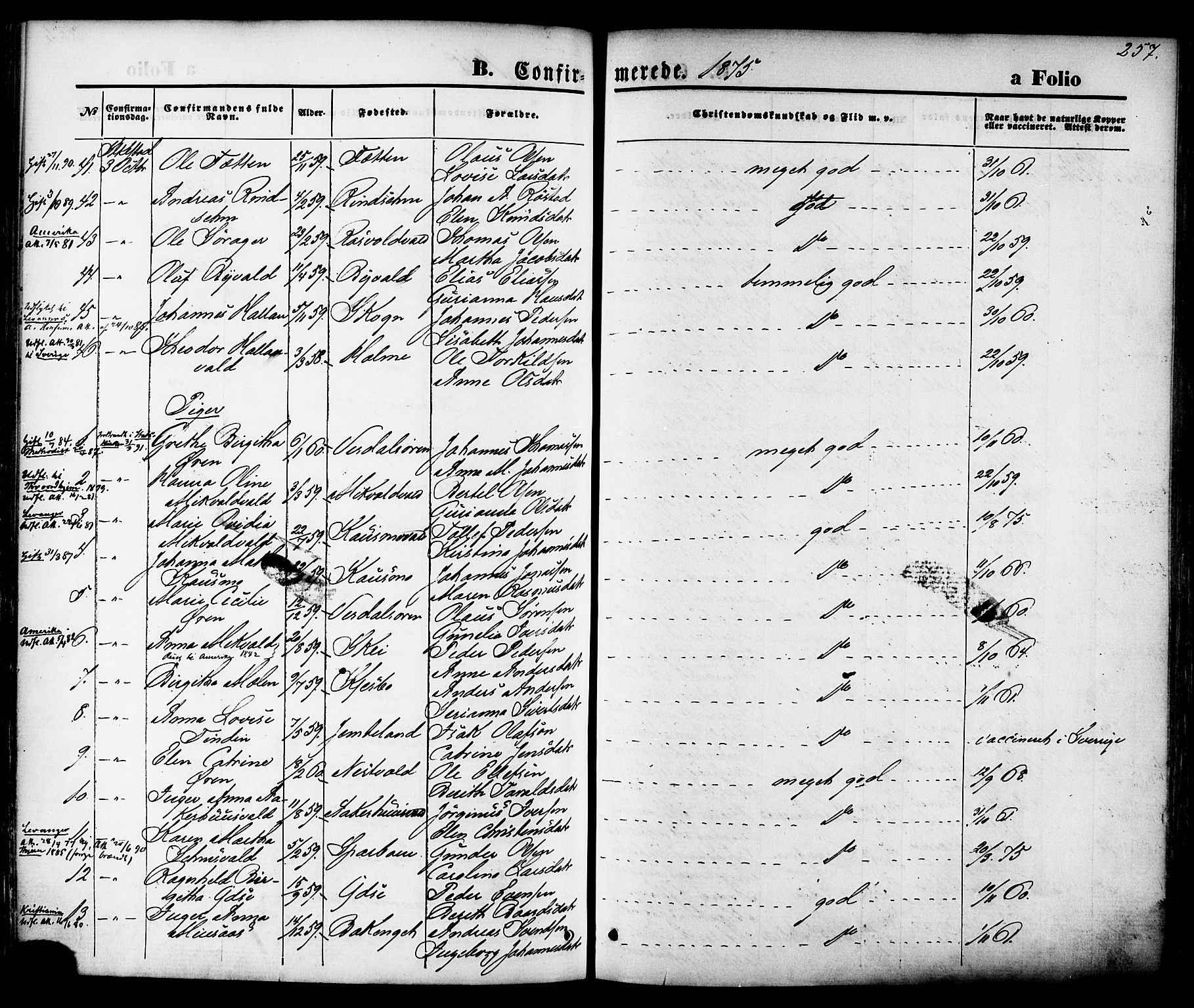 Ministerialprotokoller, klokkerbøker og fødselsregistre - Nord-Trøndelag, AV/SAT-A-1458/723/L0242: Parish register (official) no. 723A11, 1870-1880, p. 257