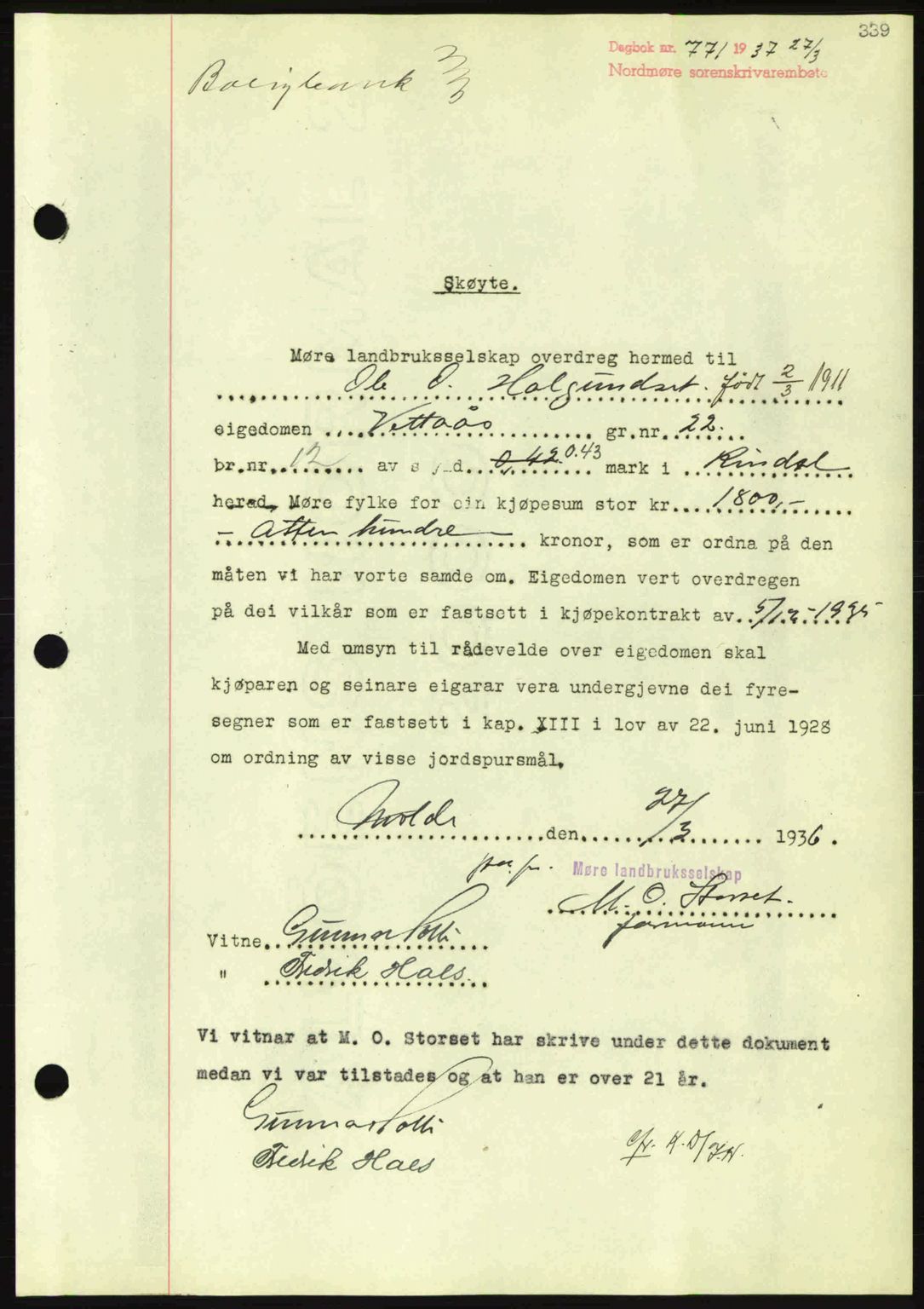 Nordmøre sorenskriveri, AV/SAT-A-4132/1/2/2Ca: Mortgage book no. A81, 1937-1937, Diary no: : 771/1937