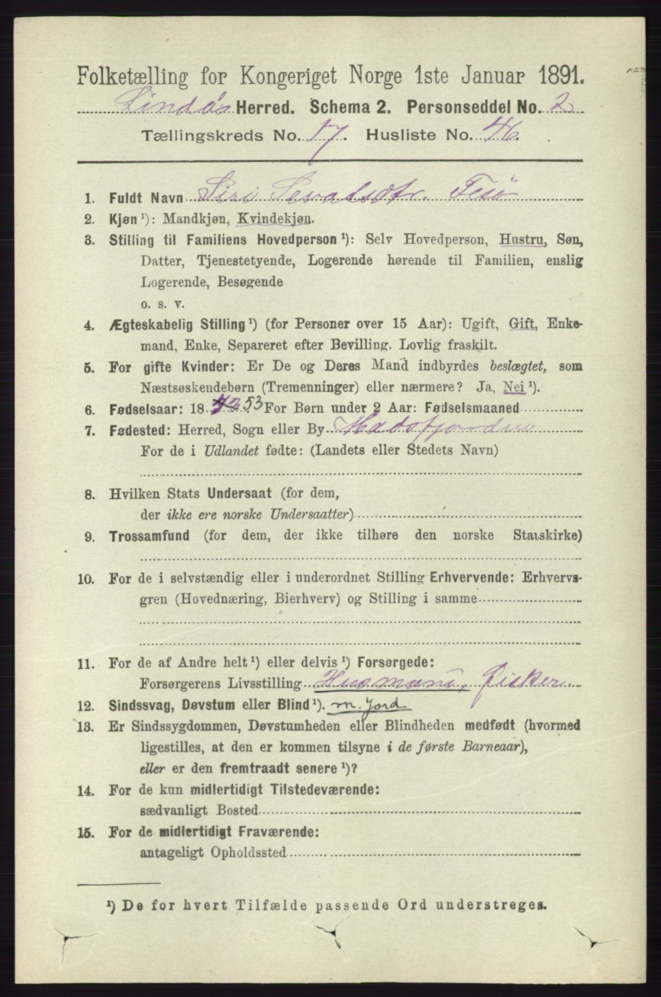 RA, 1891 census for 1263 Lindås, 1891, p. 6449